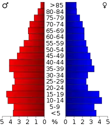 Schéma représentant la population du comté, par tranche d'âge. En rouge, à gauche, les femmes, en bleu à droite, les hommes.
