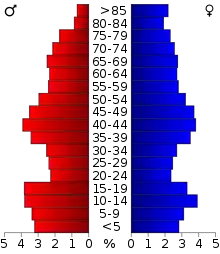 Schéma représentant la population du comté, par tranche d'âge. En rouge, à gauche, les femmes, en bleu à droite, les hommes.
