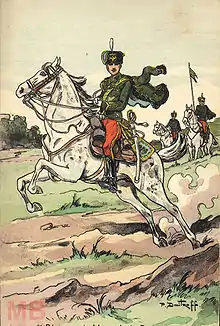 Dessin d'un cavalier sur un cheval blanc cabré, vus de profil.