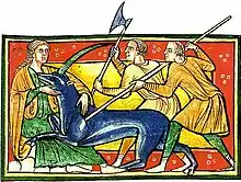 une licorne bleue blessée au flanc par deux hommes réconfortée par une femme.