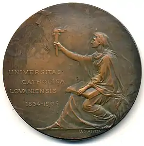 75e&nbsp;anniversaire de la réinstallation de l'université catholique de Louvain 1834-1909, médaille bronze, 60&nbsp;mm, signée Frantz Vermeylen.