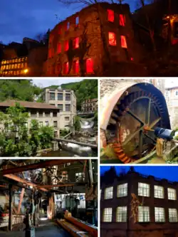 En haut  : usines en ruines illuminées la nuit ; au milieu : à gauche, les usines d'Entraygues et du Creux de l'enfer près de la Durolle et à droite, une roue à aubes en état de fonctionnement à l'îlot Navarron ; en bas : à gauche, les Forges Mondière et à droite, la façade illuminée du Creux de l'enfer.