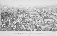 Vue gravée en perspective de la manufacture avec tous les bâtiments de l'usine et des cheminées fumant.