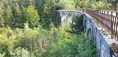 Le viaduc des Peux, ancien pont ferroviaire en courbe franchissant la Besbre sur la commune de Saint-Priest-la-Prugne.