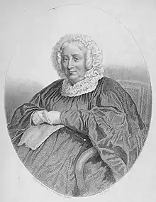 Gravure représentant la marquise de Rochejaquelein, assise avec un tricot et une coiffe.