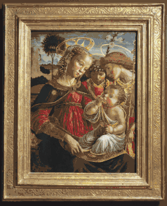 Sandro Botticelli (?), La Vierge, saint Jean-Baptiste et un ange adorant l'Enfant Jésus, deuxième moitié du XVe&nbsp;siècle, musée des Beaux-Arts d'Angers.