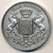 Médaille de la ville avec son blason, 53&nbsp;mm, signée Dantzell 1862.