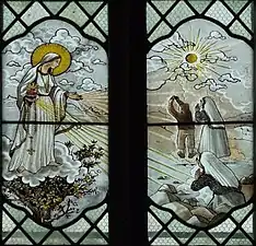 Vitrail latéral nord de la nef : première apparition de Notre-Dame de Fátima aux trois enfants Lucie, Jacinthe et François le 13 mai 1917.