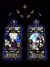 Vitrail latéral nord représentant à droite le baptême du Christ dans le Jourdain et à gauche sainte Marie-Madeleine près du corps de Jésus au lieu-dit Golgotha appelé également le Calvaire (Mt 27, 33.61).