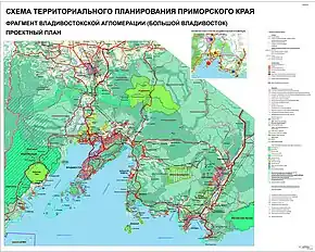 Carte d'un schéma d'urbanisme de Vladivostok et de ses alentours montrant les différents usages de terrains, y compris les zones habitées, les zones protégées et les voies de communication. La carte a une légende à droite en russe.