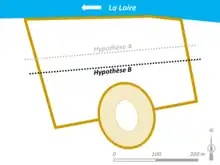 dessin du plan de l'enceinte traversée par une rue à deux emplacements possibles