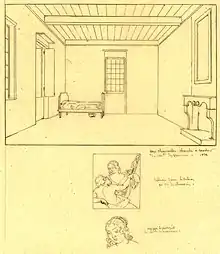 Voyage à Rome fait en 1824 et 1825, par Pierre Lacour fils : Les Charmettes, chambre de Mlle de Varins et tableau avec portrait présumé, 1825.