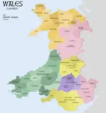 Carte montrant le découpage du pays de Galles en royaumes et cantrefs. Le Rhwng Gwy a Hafren est au sud-est.