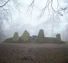 Photo d'un monument dans une forêt nimbée de brume. Quatre grandes pierres dressées, grossièrement taillées, sont reliées par un mur de pierres bas. Une ouverture est visible au centre du mur.