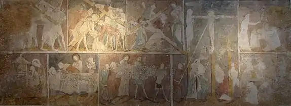 Fresque gothique "Vie et Passion du Christ, Œuvres de Miséricorde" (XIVe siècle).
