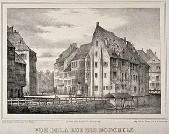 Vue de la rue des Bouchers, lithographie de Franz Josef Sandmann (de) imprimée par Simon.