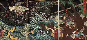 La princesse Shiranui luttant contre le mauvais Sotoku-in. Triptyque de la série « Dix héros du Tametomo »