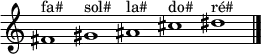
{
\new Staff \with { \remove "Time_signature_engraver" }
\clef treble
\time 5/1

fis'1^"fa#" gis'^"sol#" ais'^"la#" cis''^"do#" dis''^"ré#"

\bar "|."
}
