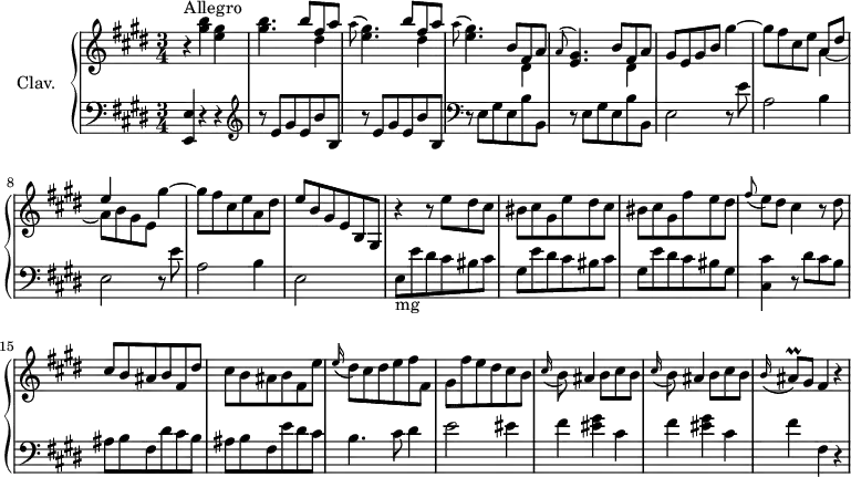 
\version "2.18.2"
\header {
  tagline = ##f
  % composer = "Domenico Scarlatti"
  % opus = "K. 216"
  % meter = "Allegro"
}

%% les petites notes
trillAisqAppo    = { \tag #'print { \appoggiatura b16 ais8\prall  } \tag #'midi { b32 ais b ais } }

upper = \relative c'' {
  \clef treble 
  \key e \major
  \time 3/4
  \tempo 4 = 144
  \set Staff.midiInstrument = #"harpsichord"
  \override TupletBracket.bracket-visibility = ##f

     s4*0^\markup{Allegro} r4 < gis' b >4 < e gis > | < gis b >4. \repeat unfold 2 { << { b8 fis a | \stemDown \appoggiatura a8 < e gis >4. } \\ { s8 dis4 } >> } | << { b8 fis a | \appoggiatura a8 < e gis >4. b'8 fis a } \\ { s8 dis,4 | s2 dis4 } >>  
     % ms. 6
     gis8 e gis b gis'4~ | gis8 fis cis e << { a,8 dis | e4 } \\ { a,4~ | a8[ b gis e] } >> gis'4~ | gis8 fis cis e a, dis |
     % ms. 10
     e8 b gis e b gis | r4 r8 e''8 dis cis | bis cis gis e' dis cis | bis cis gis fis' e dis | \appoggiatura fis8 e8 dis cis4 r8 dis8 |
     % ms. 15
     cis8 b ais b fis dis' | cis b ais b fis e' | \appoggiatura e16 dis8 cis dis e fis fis, | gis fis' e dis cis b | \repeat unfold 2 { \appoggiatura cis16 b8 ais4  b8 cis b } |
     % ms. 21
     \tempo 4 = 125 \trillAisqAppo  gis8 fis4 r4 |

}

lower = \relative c {
  \clef bass
  \key e \major
  \time 3/4
  \set Staff.midiInstrument = #"harpsichord"
  \override TupletBracket.bracket-visibility = ##f

    % **************************************
      < e, e' >4 r4 r4 | \clef treble \repeat unfold 2 { r8 e''8  gis e b' b, } | \clef bass \repeat unfold 2 { r8 e,8  gis e b' b, } |
      % ms. 6
      \repeat unfold 2 { e2 r8 e'8 | a,2 b4 } | 
      % ms. 10
      e,2 s4 | e8-\markup{mg} e' dis cis bis cis | gis e' dis cis bis cis | gis e' dis cis bis gis | < cis, cis' >4 r8 dis'8 cis b |
      % ms. 15
      ais8  b fis dis' cis b | ais b fis e' dis cis | b4. cis8 dis4 | e2 eis4 | \repeat unfold 2 { fis < eis gis >4 cis4 } |
      % ms. 21
      fis4 fis, r4 |

}

thePianoStaff = \new PianoStaff <<
    \set PianoStaff.instrumentName = #"Clav."
    \new Staff = "upper" \upper
    \new Staff = "lower" \lower
  >>

\score {
  \keepWithTag #'print \thePianoStaff
  \layout {
      #(layout-set-staff-size 17)
    \context {
      \Score
     \override SpacingSpanner.common-shortest-duration = #(ly:make-moment 1/2)
      \remove "Metronome_mark_engraver"
    }
  }
}

\score {
  \keepWithTag #'midi \thePianoStaff
  \midi { }
}

