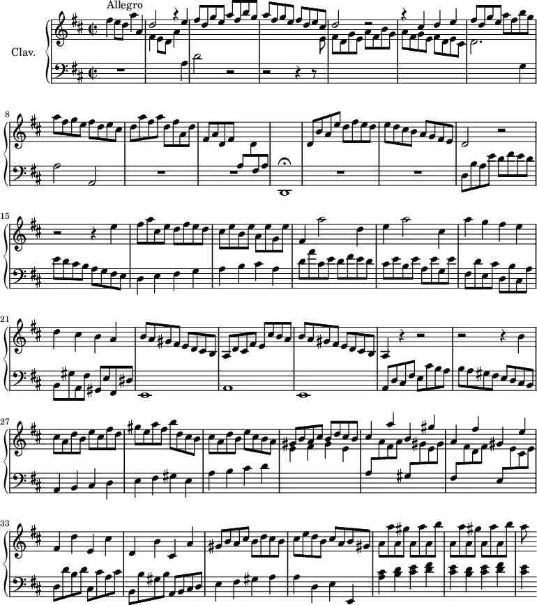 
\version "2.18.2"
\header {
  tagline = ##f
  % composer = "Domenico Scarlatti"
  % opus = "K. 414"
  % meter = "Allegro"
}

%% les petites notes
%trillBesp     = { \tag #'print { bes4.\prall } \tag #'midi { c32 bes c bes~ bes4 } }

upper = \relative c'' {
  \clef treble 
  \key d \major
  \time 2/2
  \tempo 2 = 98

      s8*0^\markup{Allegro}
      fis4 e8 d a'4 a, | \stemUp d2 r4 e4 | fis8 d g e a fis b g | a fis g e 	\stemUp fis d e cis |
      % ms. 5
      d2 r2 | r4 cis4 d e | fis8 d g e \stemNeutral  a fis b g | a fis g e fis d e cis |
      % ms. 9
      d8 a' fis a  d, fis a, d | fis, a d, fis \change Staff = "lower" a, \change Staff = "upper" d \change Staff = "lower" fis, a \stemNeutral   \change Staff = "upper" | s1 | d8 b' a e' d fis e d | e d cis b a g fis e |
      % ms. 14
      d2 r2 | r2 r4 | e'4 | fis8 a cis, e d fis e d | cis e b e a, e' g, e' | fis,4 a'2 d,4 | 
      % ms. 19
      e4 a2 cis,4 | a' g fis e | d cis b a | b8 a gis fis e d cis b | a d cis fis e cis' b a |
      % ms. 24
      b8 a gis fis e d cis b | a4 r4 r2 | r2 r4 b'4 | cis8 a d b e cis fis d |
      % ms. 28
      gis8 e a fis b d, cis b | cis a d b e cis b a \stemUp | gis b a cis b d cis b | cis4 a' b, gis' |
      % ms. 32
      a,4 fis' gis, e' \stemNeutral | fis, d' e, cis' | d, b' cis, a' | gis8 b a cis b d cis b |
      % ms. 36
      cis8 e d b cis a b gis | \repeat unfold 2 { a a' a, gis' a, a' a, b' } | a8

}

lower = \relative c' {
  \clef bass
  \key d \major
  \time 2/2

    % **************************************
      R1 \stemDown \change Staff = "upper" | fis4 e8 d a'4 \stemNeutral \change Staff = "lower" a, | d2 r2 | r2 r4 r8 \stemDown \change Staff = "upper"  e8 |
      % ms. 5
      fis8 d g e a fis b g | a fis g e fis d e cis | d2. \stemNeutral \change Staff = "lower"  g,4 | a2 a, |
      % ms. 9
      R1*2 | d,1\fermata | R1*2 |
      % ms. 14
      d'8 b' a e' d fis e d | e d cis b a g fis e | d4 e fis g | a b cis a | d8 a' cis, e d fis e d |
      % ms. 19
      cis8 e b e a, e' g, e' | fis, d' e, cis' d, b' cis, a' | b, gis' a, fis' gis, e' fis, dis' | e,1 | a |
      % ms. 24
      e1 | a8 d cis fis e cis' b a | b a gis fis e d cis b | a4 b cis d |
      % ms. 28
      e4 fis gis e | a b cis d |
      \stemDown \change Staff = "upper" e fis gis e |
      \stemUp \change Staff = "lower"  a,8 \stemDown \change Staff = "upper"  a' fis a \stemUp \change Staff = "lower"  gis, \stemDown \change Staff = "upper"   gis' e gis \stemUp \change Staff = "lower" |
      % ms. 32
      fis,8 \stemDown \change Staff = "upper"   fis' d fis |
      \stemUp \change Staff = "lower"  e, \stemDown \change Staff = "upper"   e' cis e |
      \stemNeutral \change Staff = "lower"  d, d' b d | cis, cis' a cis | b, b' gis b | a, b cis d | e4 fis gis a |
      % ms. 36
      a4 d, e e, | < a' cis >4 \repeat unfold 2 { < b d > < cis e > < d fis > | < cis e > }

}

thePianoStaff = \new PianoStaff <<
    \set PianoStaff.instrumentName = #"Clav."
    \new Staff = "upper" \upper
    \new Staff = "lower" \lower
  >>

\score {
  \keepWithTag #'print \thePianoStaff
  \layout {
      #(layout-set-staff-size 17)
    \context {
      \Score
     \override TupletBracket.bracket-visibility = ##f
     \override SpacingSpanner.common-shortest-duration = #(ly:make-moment 1/2)
      \remove "Metronome_mark_engraver"
    }
  }
}

\score {
  \keepWithTag #'midi \thePianoStaff
  \midi { \set Staff.midiInstrument = #"harpsichord" }
}
