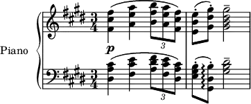 \version "2.18.2"
\header {
tagline = ##f
}
upper = \relative c' {
\clef treble
\key cis \minor
\time 2/4
\tempo 4 = 56
\tempo ""
\set Staff.midiInstrument = #"acoustic grand"
< fis cis' fis >4\p\( < a e' a > \times 2/3 { < b fis' b >8 < a e' a > < fis cis' fis >\) }
< e b' e >8-.( < gis dis' gis >-.) < gis b dis gis >2--
}
lower = \relative c {
\clef bass
\key cis \minor
\time 3/4
\set Staff.midiInstrument = #"acoustic grand"
< dis a' cis >4\( < fis cis' e > \times 2/3 { < a dis fis >8 < fis cis' e > < dis a' cis>\) }
< e gis b >8-.( < gis, dis' b' >-.)\arpeggio < gis' b dis >2--
}
\score {
\new PianoStaff <<
\set PianoStaff.instrumentName = #"Piano"
\new Staff = "upper" \upper
\new Staff = "lower" \lower
>>
\layout {
\context {
\Score
%\override SpacingSpanner.common-shortest-duration = #(ly:make-moment 1/3)
\remove "Metronome_mark_engraver"
}
}
\midi { }
}