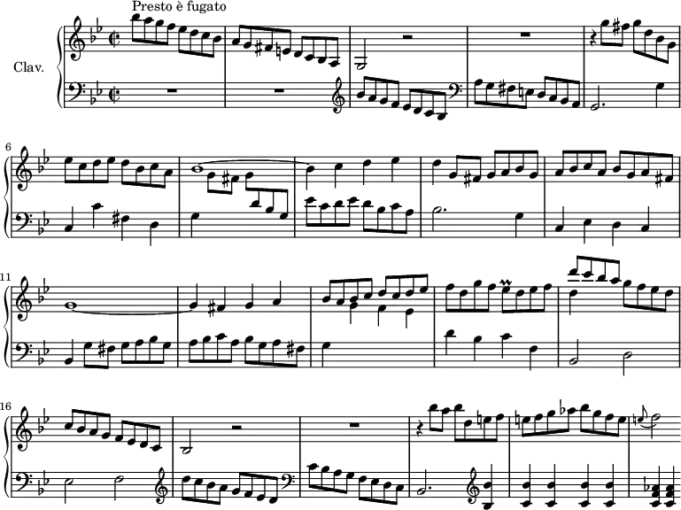 
\version "2.18.2"
\header {
  tagline = ##f
  % composer = "Domenico Scarlatti"
  % opus = "K. 373"
  % meter = "Presto è fugato"
}

%% les petites notes
trillEesp     = { \tag #'print { ees8\prall } \tag #'midi { f32 ees f ees } }

upper = \relative c'' {
  \clef treble 
  \key g \minor
  \time 2/2
  \tempo 2 = 96
  \set Staff.midiInstrument = #"harpsichord"
  \override TupletBracket.bracket-visibility = ##f

      s8*0^\markup{Presto è fugato}
      bes'8 a g f ees d c bes | a8 g fis e d c bes a | g2 r2 | R1 |
      % ms. 5
      r4 g''8 fis g d bes g | ees' c d ees d bes c a | bes1~ | bes4 c d ees |
      % ms. 9
      d4 g,8 fis g a bes g | a bes c a bes g a fis | g1~ | g4 fis g a | \stemUp
      % ms. 13
      bes8 a bes c d c d ees | \stemNeutral f d g f \trillEesp d8 ees f | << { d'8 c bes a } \\ { d,4 } >> g8 f ees d | c bes a g f ees d c | 
      % ms. 17
      bes2 r2 | R1 | r4 bes''8 a bes d, e f | e f g aes bes g f e | 
      % ms. 21
      \appoggiatura e8 f2

}

lower = \relative c' {
  \clef bass
  \key g \minor
  \time 2/2
  \set Staff.midiInstrument = #"harpsichord"
  \override TupletBracket.bracket-visibility = ##f

    % ************************************** \appoggiatura a16  \repeat unfold 2 {  } \times 2/3 { }   \omit TupletNumber 
      R1*2 |   \clef treble  bes'8 a g f ees d c bes |   \clef bass a8 g fis e d c bes a |
      % ms. 5
      g2. g'4 | c, c' fis, d | g \stemDown \change Staff = "upper"    g'8 fis g \stemUp \change Staff = "lower" d bes g | \stemNeutral ees' c d ees d bes c a | 
      % ms. 9
      bes2. g4 | c, ees d c | bes g'8 fis g a bes g | a bes c a bes g a fis |
      % ms. 13
      g4 \stemDown \change Staff = "upper"  g' f ees | \stemNeutral \change Staff = "lower" d bes c f, | bes,2 d | ees f |   \clef treble 
      % ms. 17
       d''8 c bes a g f ees d |   \clef bass  c bes a g f ees d c | bes2.   \clef treble  < bes' bes' >4 | < c bes' > q q q |
      % ms. 21
      < c f aes >4 q 

}

thePianoStaff = \new PianoStaff <<
    \set PianoStaff.instrumentName = #"Clav."
    \new Staff = "upper" \upper
    \new Staff = "lower" \lower
  >>

\score {
  \keepWithTag #'print \thePianoStaff
  \layout {
      #(layout-set-staff-size 17)
    \context {
      \Score
     \override SpacingSpanner.common-shortest-duration = #(ly:make-moment 1/2)
      \remove "Metronome_mark_engraver"
    }
  }
}

\score {
  \keepWithTag #'midi \thePianoStaff
  \midi { }
}

