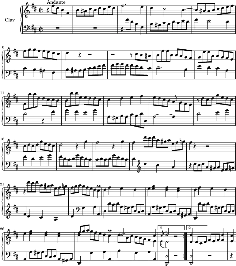 
\version "2.18.2"
\header {
  tagline = ##f
  % composer = "Domenico Scarlatti"
  % opus = "K. 408"
  % meter = "Andante"
}

%% les petites notes
trillCis      = { \tag #'print { cis4\prall } \tag #'midi { d32 cis d cis~ cis8 } }
trillCisdb    = { \tag #'print { \appoggiatura cis'8 d2 } \tag #'midi { cis4   \tempo 2 = 56 d4   \tempo 2 = 78 } }
trillEdb      = { \tag #'print { \appoggiatura e,8 d2 } \tag #'midi { e4   \tempo 2 = 56 d4   \tempo 2 = 78 } }

upper = \relative c'' {
  \clef treble 
  \key b \minor
  \time 2/2
  \tempo 2 = 78 % tempo Ross

  \repeat volta 2 {
      s8*0^\markup{Andante}
      r4 fis8 d b4 fis | b8 ais cis b d cis e d | fis2. e4 | d cis2 b4~
      % ms. 5
      b8 ais ais b cis d e  fis | fis g g fis fis e d cis | d4 r4 r2 | r2 r8 cis8 b ais |
      % ms. 9
      b8 fis' fis b, b a g fis | g e' e a, a g fis e  | fis a' a d, d cis cis b | b b' b e, e d d cis |
      % ms. 13
      cis4 d e fis | e8 d cis b  a s4. | r8 d8 cis d g e d cis | cis d cis d g e d cis | 
      % ms. 17
      d2 r4 g4 | fis2 r4 g4 | fis \omit TupletNumber  \times 2/3 { d'8 cis d a[ gis a] e fis g } | fis4 r4 r2 |
      % ms. 21
      r4 \times 2/3 { d'8 cis d a[ gis a] e fis g } | \times 2/3 { fis8 g a g[ fis e] } d4 \trillCis | \repeat unfold 2 { d4 fis e d |
      % ms. 24
      e4 < e g > < d fis > < cis e > } |
      % ms. 27
      << { \omit TupletNumber \times 2/3 { fis8[ g a] } } \\ { d,4 } >> \times 2/3 { g8 fis e } d4 \trillCis | 
      << { d2. cis4 } 
       \\ { \omit TupletNumber \times 2/3 { d8 a cis b[ a g] } fis4 e } >> }%repet
      % ms. 30
      \alternative {
          { << { \trillCisdb } \\ { \trillEdb } >> r2 }
          { < d d' >4 \times 2/3 { d8 cis d } }
      }%alter
      \times 2/3 { fis[ e fis] } < fis d' >4 | < e cis' >

}

lower = \relative c' {
  \clef bass
  \key b \minor
  \time 2/2

  \repeat volta 2 {
    % **************************************
      R1*2 | r4 fis8 d b4 fis | b8 ais cis b d cis e d |
      % ms. 5
      fis4 e2 d4 | cis b ais fis | b8 ais ais b cis d e fis | fis g g fis fis e d cis |
      % ms. 9
      d2. b4 | e d cis a | d2 r4 fis4 | g fis e g |
      % ms. 13
      a,8 gis b a cis b d d, | a'2~ a8  \stemDown \change Staff = "upper"  g' fis e \stemNeutral \change Staff = "lower"  | d2 e4 g | fis d e g |
      % ms. 17
      fis8 d cis d g e d cis | cis d cis d g e d cis | d4   \clef treble  d' cis a | r4  \omit TupletNumber  \times 2/3 { d8 cis d a[ gis a] e fis g }  
      % ms. 21
      fis4 d cis a | d   \clef bass g, a a, | d \repeat unfold 2 { \times 2/3 { d'8 cis d a[ gis a] d, cis d }
      % ms. 24
      a4 \times 2/3 { a'8 gis a d,8[ cis d] a gis a } |
      % ms. 27
       d,4 } g'  a a, | b' g a a, }%repet
      % ms. 30
      \alternative {
          { \appoggiatura s8 < d, d' >2 r2 }
          { < d d' >2 r2 | }
      }%alter
      r4

}

thePianoStaff = \new PianoStaff <<
    \set PianoStaff.instrumentName = #"Clav."
    \new Staff = "upper" \upper
    \new Staff = "lower" \lower
  >>

\score {
  \keepWithTag #'print \thePianoStaff
  \layout {
      #(layout-set-staff-size 17)
    \context {
      \Score
     \override TupletBracket.bracket-visibility = ##f
     \override SpacingSpanner.common-shortest-duration = #(ly:make-moment 1/2)
      \remove "Metronome_mark_engraver"
    }
  }
}

\score {
  \unfoldRepeats
  \keepWithTag #'midi \thePianoStaff
  \midi { \set Staff.midiInstrument = #"harpsichord" }
}
