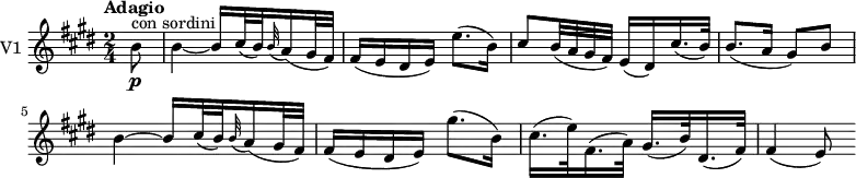 
 \new Staff \with { instrumentName = #"V1 "}  
     \relative c''' {
    \version "2.18.2"
    \key e \major 
    \tempo "Adagio"
    \time 2/4
    \tempo 4 = 50
  \partial8 b,8 \p ^\markup {con sordini}
  b4 ~ b16 cis32 (b) \grace b32 (a16) (gis32 fis)
  fis16 (e dis e) e'8. (b16)
  cis8 b32 (a gis fis) e16 (dis) cis'16. (b32)
  b8. (a16 gis8) b
  b4 ~ b16 cis32 (b) \grace b32 (a16) (gis32 fis)
  fis16 (e dis e) gis'8. (b,16)
  cis16. (e32) fis,16. (a32) gis16. (b32) dis,16. (fis32)
  fis4 (e8)
}
