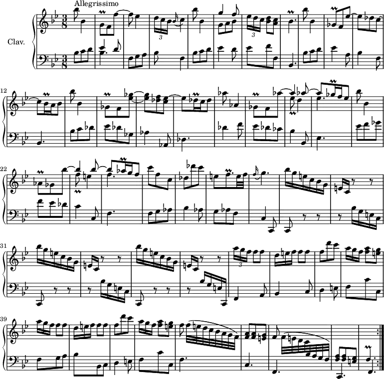 
\version "2.18.2"
\header {
  tagline = ##f
  % composer = "Domenico Scarlatti"
  % opus = "K. 361"
  % meter = "Allegrissimo"
}

%% les petites notes
trillGq       = { \tag #'print { g8\prall } \tag #'midi { a32 g a g } }
trillGesq     = { \tag #'print { ges8\prall } \tag #'midi { a32 ges a ges } }
trillBesqp    = { \tag #'print { bes4.\prall } \tag #'midi { c32 bes c bes~   \tempo 4. = 45 bes4   \tempo 4. = 66 } }
trillBesqq    = { \tag #'print { bes16\prall } \tag #'midi { \times 2/3 { bes32 c bes } } }
trillGesq     = { \tag #'print { ges8\prall } \tag #'midi { aes32 ges aes ges } }
trillDesqq    = { \tag #'print { des16\prall } \tag #'midi { \times 2/3 { des32 ees des } } }
trillEesq     = { \tag #'print { ees8\prall } \tag #'midi { f32 ees f ees } }
trillGesqq    = { \tag #'print { ges16\prall } \tag #'midi { \times 2/3 { ges32 aes ges } } }
trillGesaesq  = { \tag #'print { ges8\prall } \tag #'midi { aes32 ges aes ges } }
trillAesq     = { \tag #'print { aes8\prall } \tag #'midi { bes32 aes bes aes } }
trillAesqq    = { \tag #'print { aes16\prall } \tag #'midi { \times 2/3 { aes32 bes aes } } }
trillFq       = { \tag #'print { f8\prall } \tag #'midi { g32 f g f } }
trillFqp      = { \tag #'print { f8.\prall } \tag #'midi { g32 f g f~ f16 } }
trillFp       = { \tag #'print { f4.\prall } \tag #'midi { g32 f g f~ f4 } }
appoFGq       = { \tag #'print { \appoggiatura f16 g4. } \tag #'midi { f4 \tempo 4. = 40 g8 \tempo 4. = 66 } }

upper = \relative c'' {
  \clef treble 
  \key bes \major
  \time 3/8
  \tempo 4. = 66 %% Tempo de Ross, Koopman, Lester, et quasi pour Grante 
  \set Staff.midiInstrument = #"harpsichord"
  \override TupletBracket.bracket-visibility = ##f

  \repeat volta 2 {
      s8*0^\markup{Allegrissimo}
      bes'8 bes,4 | \trillGq f8 f'~ | f ees4 | \times 2/3 { d16 c bes } \appoggiatura bes16 c4 | bes'8 bes,4 | << { g'4 f8 } \\ { g,8 a bes } >>
      % ms. 7
      \times 2/3 { ees16[ d c] } < bes d >8 < a c > | \trillBesqp | bes'8 bes,4 | \trillGesq f8 ees'~ | ees des c~ | c \trillBesqq a16 bes8 | bes' bes,4 |
      % ms. 14
      \trillGesq f8 < ees' ges >~ | q < des f > < c ees >~ | ees8 \trillDesqq c16   \tempo 4. = 30 des8   \tempo 4. = 66 | aes' aes,4 | 
      << { \stemDown \trillGesaesq f8 aes'~ \stemUp | aes4 aes8~ | aes \trillGesqq f16 ees8 } 
      \\ { s4. | \trillEesq d4 | ees4. } >>
      % ms. 21
      bes'8 bes,4 |  << { \stemDown \trillAesq ges8 bes'~ \stemUp | bes4 bes8~ | bes \trillAesqq g16 f8 } \\ { s4. | \trillFq e4 | f4. } >>
      % ms. 25
      c'8 f, c | des des' c | e,8 \trillFqp e32 f | \appoFGq | \repeat unfold 3 { bes16 g e c bes g | e c r8 r8 } | 
      % ms. 35
      \repeat unfold 2 { \times 2/3 { a''16[ g f] } f8 f | \omit TupletNumber \times 2/3 { d16[ e f] } f8 f | f d' c | \times 2/3 { a16[ g f] } < f a >8 < e g > }
      % ms. 43
      f8 f32[( e d c bes a g f]) | < f a >8 q < e g > | f \stemDown f32[( e d c \stemUp  \change Staff = "lower" bes a g f]) | < f a >8 q < e g > | \trillFp }%repet

}

lower = \relative c' {
  \clef bass
  \key bes \major
  \time 3/8
  \set Staff.midiInstrument = #"harpsichord"
  \override TupletBracket.bracket-visibility = ##f

  \repeat volta 2 {
    % ************************************** \appoggiatura a16  \repeat unfold 2 {  } \times 2/3 { }   \omit TupletNumber 
      bes8 c d | << { ees4 d8 } \\ { bes4. } >> | f8 g a | bes f4 | bes8 c d | ees4 d8 |
      % ms. 7
      ees8 f f, | bes,4. | bes'8 c d | ees4 a,8 | bes4 f8 | bes,4. | bes'8 c des |
      % ms. 14
      ees8 des ges, | aes4 aes,8 | des4. | des'4 f8 | ees des ces | bes4 bes,8 |
      % ms. 20
      ees4. | ees'8 f ges | f ees des | c4 c,8 | f4. | f8 g aes |
      % ms. 26
      bes4 aes8 | g aes f | c4   \tempo 4. = 30 c,8   \tempo 4. = 66 | c r8 r8 | \repeat unfold 2 { r8 bes''16 g e c | c,8 r8 r8 }
      % ms. 34
      r8 bes''16 g e c, | f4 a8 | bes4 c8 | d4 e8 |
      % ms. 38
      f8 c' c, | f g a | bes bes, c | d4 e8 | f c' c, |  \shiftOnnn f4. |
      % ms. 44
      c4. | f, | c | f }%repet

}

thePianoStaff = \new PianoStaff <<
    \set PianoStaff.instrumentName = #"Clav."
    \new Staff = "upper" \upper
    \new Staff = "lower" \lower
  >>

\score {
  \keepWithTag #'print \thePianoStaff
  \layout {
      #(layout-set-staff-size 17)
    \context {
      \Score
     \override SpacingSpanner.common-shortest-duration = #(ly:make-moment 1/2)
      \remove "Metronome_mark_engraver"
    }
  }
}

\score {
  \unfoldRepeats
  \keepWithTag #'midi \thePianoStaff
  \midi { }
}
