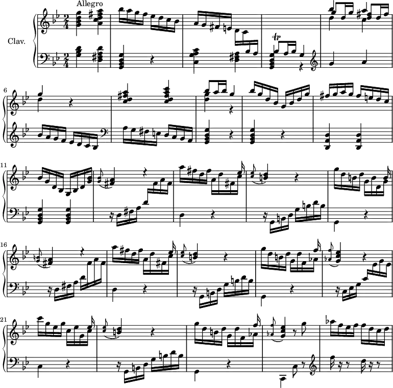 
\version "2.18.2"
\header { 
  tagline = ##f
  % composer = "Domenico Scarlatti"
  % opus = "K. 31"
  % meter = "Allegro"
}

%% les petites notes
trillBesq     = { \tag #'print { bes8\trill } \tag #'midi { c32 bes c bes } }
appoGCEes     = { \tag #'print { \appoggiatura < aes f' >8 < g c ees >4 } \tag #'midi { < aes f' >8 < g c ees >8 } }
appoBD        = { \tag #'print { \appoggiatura < c ees >8 < b d >4 } \tag #'midi { < c ees >8 < b d >8 } }
appoFisA      = { \tag #'print { \appoggiatura < g b >8 < fis a >4 } \tag #'midi { < g b >8 < fis a >8 } }
appoFisABes   = { \tag #'print { \appoggiatura < g bes >8 < fis a >4 } \tag #'midi { < g bes >8 < fis a >8 } }



upper = \relative c'' {
  \clef treble 
  \key g \minor
  \time 2/4
  \tempo 4 = 92
  \set Staff.midiInstrument = #"harpsichord"
  \override TupletBracket.bracket-visibility = ##f

      s8*0^\markup{Allegro}
      < g bes d g >4 < a c d fis a > bes'16 a g f ees d c bes | a g fis e d c \stemUp \change Staff = "lower" bes a | \trillBesq a16 bes g4 | \change Staff = "upper" << { bes''4 a | g } \\ { \shiftOn \stemUp  g8 d16 g < d fis >8 d16 fis } \\ { \stemDown d4 c | d } >> r4 |
      % ms. 7
      < c d fis a >4 < c d fis a c > | << { bes'8 a16 bes | g4 } \\ { < d g >4 r4 } >> | bes'16 g d bes g bes d g | fis g a g fis e d c |
      % ms. 11
      bes16 g d bes g bes d < g bes > | \appoFisABes e'4\rest | << { s4 s16 s8 ees16 } \\ { a16 fis d fis a,16 d fis, c' } >> | \appoBD r4  | << { s4 s16 s8 b16 } \\ { g'16 d b d g, b d, g } >>
      % ms. 16
      \appoFisA e'4\rest << { s4 s16 s8 ees16 } \\ { a16 fis d fis a,16 d fis, c' } >> | \appoBD r4  | << { s4 s16 s8 f'16 } \\ { g16 d b d g, d' f, aes } >> \appoGCEes r4
      % ms. 21
      << { s4 s16 s8 ees'16 } \\ { c'16 g ees g c, ees g, c } >> | \appoBD r4 | << { s4 s16 s8 f'16 } \\ { g16 d b d g, d' f, aes } >> \appoGCEes r8 \stemNeutral g'8 | aes16 f ees f f d c d |

}

lower = \relative c' {
  \clef bass
  \key g \minor
  \time 2/4
  \set Staff.midiInstrument = #"harpsichord"
  \override TupletBracket.bracket-visibility = ##f

    % ************************************** \appoggiatura a8  \repeat unfold 2 {  } \times 2/3 { }   \omit TupletNumber 
      < g bes d >4 < d fis a d > | < g, bes d g > r4 | < c g' a c >4 < d fis a > | < g, bes d g > r4 |   \clef treble g''4 a |
      % ms. 6
      bes16 a g f ees d c bes |   \clef bass a g fis e d c bes a | < g bes d g >4 r4 | q r4 | < d a' d >4 q |
      % ms. 11
      < g bes d g >4 q | \repeat unfold 2 { r16 d'16 fis a d \stemDown \change Staff = "upper" fis a fis | \change Staff = "lower" d,4 r4 | r16 g,16 b d g b d b | g,4 r4 } |
      % ms. 16
      r16 c16 ees g \stemUp c \stemDown \change Staff = "upper" ees g ees | \change Staff = "lower" 
      % ms. 21
      c,4 r4 | r16 g16 b d g b d b | g,4 r4 | c,4 c'8 r8 |   \clef treble  f''16 r16 r8  d16 r16 r8 |

}

thePianoStaff = \new PianoStaff <<
    \set PianoStaff.instrumentName = #"Clav."
    \new Staff = "upper" \upper
    \new Staff = "lower" \lower
  >>

\score {
  \keepWithTag #'print \thePianoStaff
  \layout {
      #(layout-set-staff-size 17)
    \context {
      \Score
     \override SpacingSpanner.common-shortest-duration = #(ly:make-moment 1/2)
      \remove "Metronome_mark_engraver"
    }
  }
}

\score {
  \keepWithTag #'midi \thePianoStaff
  \midi { }
}
