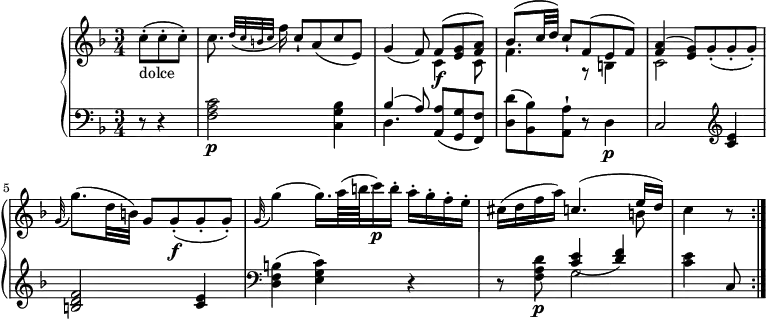 
\version "2.18.2"
\header {
  tagline = ##f
}
upper = \relative c' {
         \clef "treble" 
         \tempo " Andante cantabile"
         \key f \major
         \time 3/4 
         \tempo 4 = 60
     \partial 4. c'8-. _ \markup {dolce} (c-. c-.)
     c8. \grace { d32 ( c b c} f16) c8-! a (c e,)
     g4 (f8)   <<{\stemDown c4\f c8 f4. g,8\rest b4 c2 s4} \\ {\stemUp f8 ^(<e g>8 <f a>) bes8. ^(c32 d) c8-! f, ^(e f) <f a>4 ^(<e g>8)  g8-. (g-. g-.)}>>
     \grace g32 (g'8.) (d32 b) g8 g8-.\f (g-. g-.)
     \grace g32 (g'4) (g16.) a64 (b c16 \p) b-. a-. g-. f-. e-.
      cis (d f a)  <<{\stemDown s4. b,8} \\ {  \stemUp c4. ^( e16 d)}>>
      c4 r8 \bar ":|."
}

lower =\relative c {      
         \clef "bass" 
         \key f \major
         \time 3/4 
       \partial 4. r8 r4
        <f a c>2 \p <c g' bes>4
        <<{\stemDown d4. } \\ {\stemUp bes'4 ^(a8) }>> <a, a'>8 (<g g'> <f f'>)
        <d' d'> ^(<bes bes'>) <a a'-!> r d4\p
        c2    \clef "treble"  <c'e>4 <b d f>2 <c e>4
         \clef "bass" <d, f b>4 (<e g c>) r4
        r8 <f a d>8\p  <<{\stemDown g2} \\ {\stemUp <c e>4 (<d f>)}>>
        <c e>4  c,8 \bar ":|."
  }          
\score {
  \new PianoStaff <<  
    \new Staff = "upper" \upper
    \new Staff = "lower" \lower
  >>
  \layout {
    \context {
      \Score
      \remove "Metronome_mark_engraver"
    }
  }
  \midi { }
}
