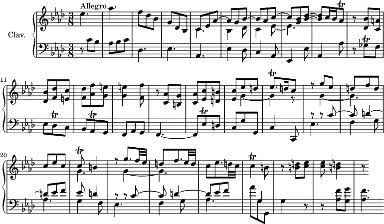 
\version "2.18.2"
\header {
  tagline = ##f
}

%% les petites notes
trillGesq     = { \tag #'print { ges8\trill } \tag #'midi { aes32 ges aes ges } }
trillEesqUp   = { \tag #'print { ees'8\trill } \tag #'midi { f32 ees f ees } }
trillAesq     = { \tag #'print { aes8\trill } \tag #'midi { bes32 aes bes aes } }
trillDesq     = { \tag #'print { des8\trill } \tag #'midi { ees32 des ees des } }
trillEesqp    = { \tag #'print { ees8.\trill } \tag #'midi { f32 ees f ees~ ees16 } }
trillCq       = { \tag #'print { c8\trill } \tag #'midi { d32 c d c } }
trillC        = { \tag #'print { c4\trill } \tag #'midi { d32 c d c~ c8 } }

upper = \relative c'' {
  \clef treble 
  \key aes \major
  \time 3/8
  \tempo 4. = 72
  \set Staff.midiInstrument = #"harpsichord"
  \override TupletBracket.bracket-visibility = ##f

    s8*0^\markup{Allegro}
    ees4. | aes | f8 des bes g des bes | << { \mergeDifferentlyDottedOn c8 ees aes~ | aes8 g bes~ | bes aes c~ | c < g bes >8 < bes des >~ | q c16 bes \trillAesq } \\ { c,4. | bes4 des8 | c4 ees8~ | ees4. } >> |
    % m. 10
    r8 < des bes' >8 < c a' > | < des bes' > < f des' > < e c' > |
    % ms. 12
    < f des' >8 < aes f' > < g e' > | q4 < f f' >8 | r8 < c aes' >8 < b g' > < c aes' > < ees c' > < d b' > << { < ees c' > ees' d | \trillEesqp  d16 c8 } \\ { s8 g4~ | g4 r8 } >>
    % ms. 18
    << { r8 g'8 ees | d f d | c ees c | \trillCq b4 | r8 g'8. f32 ees | d8 f8. ees32 d } \\ { s8 g,4~ g4. | s4. | g4. | s8 g4~ | g4. } >> |
    % ms. 24
    c8 ees8. d32 c  | \trillC b8 | r8 < b d >8 < c ees > | q < b d >4 | r8
 
}

lower = \relative c' {
  \clef bass
  \key aes \major
  \time 3/8
  \set Staff.midiInstrument = #"harpsichord"

    % **************************************
     r8 c8 bes | aes bes c | des,4. | ees | aes, |
     % ms. 6
     ees'4 des8 | c4 aes8 | ees4 ees'8 | aes,4 aes'8 | r8 \trillGesq f8 | ees \trillDesq c8 |
     % ms. 12
     bes8 \trillAesq g8 | f aes g | f4.~ | f8 \trillEesqUp d8 | c g' g, | c4 c,8 |
     % ms. 18
     << { r8 r8 c''8~ | c d4~ | d8 ees f | ees8 d4 | r8 r8 c8~ | c d4~ | d8 ees f | s8 g,4 } \\ { ees4. | f4 g8 | aes4. | g4 f8 | ees4. | f4 g8 | aes4. | aes'8 g, g, } >> g'4 r8
     % ms. 24
     r8 < aes f' >8 < g g' > | < aes f' >4.*1/2

}

thePianoStaff = \new PianoStaff <<
    \set PianoStaff.instrumentName = #"Clav."
    \new Staff = "upper" \upper
    \new Staff = "lower" \lower
  >>

\score {
  \keepWithTag #'print \thePianoStaff
  \layout {
      #(layout-set-staff-size 17)
    \context {
      \Score
     \override SpacingSpanner.common-shortest-duration = #(ly:make-moment 1/2)
      \remove "Metronome_mark_engraver"
    }
  }
}

\score {
  \keepWithTag #'midi \thePianoStaff
  \midi { }
}
