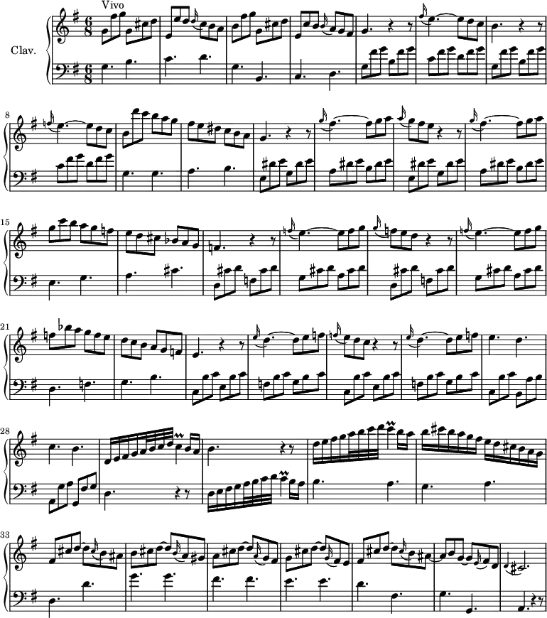 
\version "2.18.2"
\header {
  tagline = ##f
}

%% les petites notes
AppoCisb = { \tag #'print { \appoggiatura d4 cis2. } \tag #'midi { d4 cis2 } }
trillC = { \tag #'print { c4\prall } \tag #'midi { d32 c d c~ c8 } }


upper = \relative c'' {
  \clef treble 
  \key g \major
  \time 6/8
  \tempo 4. = 84
  \set Staff.midiInstrument = #"harpsichord"
  \override TupletBracket.bracket-visibility = ##f

      s8*0^\markup{Vivo} 
      g8 fis' g g, cis d | e, e' d \appoggiatura d16 c8 b a | b fis' g g, cis d | e, c' b \appoggiatura b16 a8 g fis |
      % ms. 5
      g4. r4 r8 | \appoggiatura fis'16 e4.~ e8 d c | b4. r4 r8 | \appoggiatura f'16 e4.~ e8 d c | b8 d' c b a g |
      % ms. 10
      fis8 e dis c b a | g4. r4 r8 | \appoggiatura g'16 fis4.~ fis8 g a | \appoggiatura a16 g8 fis e r4 r8 | \appoggiatura g16 fis4.~ fis8 g a |
      % ms. 15
      g8 c b a g f | e d cis bes a g | f4. r4 r8 | \appoggiatura f'16 e4.~ e8 f g | \appoggiatura g16 f8 e d r4 r8 |
      % ms. 20
      \appoggiatura f16 e4.~ e8 f g | f8 bes a  g f e | d c b a g f | e4. r4 r8
      % ms. 24
      \appoggiatura e'16 d4.~ d8 e f | \appoggiatura f16 e8 d c r4 r8 | \appoggiatura e16 d4.~ d8 e f | e4. d |
      % ms. 28 
      c4. b | d,16 e fis g a32 b c d \trillC b16 a | b4. r4 r8 | d16 e fis g a32 b c d \trillC b16 a |
      % ms. 32
      b16 cis b a g fis  e d cis b a g | fis8 cis' d~ d \appoggiatura cis16 b8 ais | b cis d~ d \appoggiatura b16 a8 gis | a cis d~ d \appoggiatura a16 g8 fis |
      % ms. 36
      g8 cis  d~ d \appoggiatura g,16 fis8 e | fis cis' d~ d \appoggiatura cis16 b8 ais~ | ais b g~ g \appoggiatura e16 fis8 d | \AppoCisb |  

}

lower = \relative c' {
  \clef bass
  \key g \major
  \time 6/8
  \set Staff.midiInstrument = #"harpsichord"
  \override TupletBracket.bracket-visibility = ##f

    % **************************************
      g4. b c d g, b,  c d |
      % ms. 5
      \repeat unfold 2 { g8 fis' g | b, fis' g | c, fis g | d fis g } | g,4. g |
      % ms. 10
      a4. b | \repeat unfold 2 { e,8 dis' e g, dis' e | a, dis e b dis e } |
      % ms. 15
      e,4. g | a cis | \repeat unfold 2 { d,8 cis' d f, cis' d | g, cis d a cis d } |
      % ms. 21
      d,4.  f | g b | c,8 b' c e, b' c |
      % ms. 24
      f,8 b c g b c | c, b' c e, b' c | f, b c g b c | c, b' c b, a' b |
      % ms. 28 
      a,8 g' a g, fis' g | d4. r4 r8 | d16 e fis g a32 b c d \trillC b16 a | b4. a g a | d, d' | g g | fis fis |
      % ms. 36
      e4. e d fis, g g, | a r4 r8 |

}

thePianoStaff = \new PianoStaff <<
    \set PianoStaff.instrumentName = #"Clav."
    \new Staff = "upper" \upper
    \new Staff = "lower" \lower
  >>

\score {
  \keepWithTag #'print \thePianoStaff
  \layout {
      #(layout-set-staff-size 17)
    \context {
      \Score
     \override SpacingSpanner.common-shortest-duration = #(ly:make-moment 1/2)
      \remove "Metronome_mark_engraver"
    }
  }
}

\score {
  \keepWithTag #'midi \thePianoStaff
  \midi { }
}
