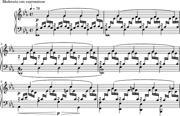
\version "2.18.2"
\header {
  tagline = ##f
}
upper = \relative c'' {
  \clef treble 
  \key ees \major
  \time 4/4
  \tempo 4 = 76
  

   %%Montgeroult — Étude 41 (pdf p. 118)
   << {  \tuplet 3/2 { s16\p s8 \hide Flag g8(  s4 g8 s4 g8 s4 aes8) } } 
   
   \\ { 
      \repeat unfold 3 { 
        \tuplet 3/2 { \change Staff = "lower" d,16\rest \stemUp g,[ bes] } 
        \tuplet 3/2 { \stemDown \change Staff = "upper" g'[  \change Staff = "lower" \stemUp bes, g] } 
      } 
        \tuplet 3/2 { \change Staff = "lower" d'16\rest \stemUp g,[ bes] } 
        \tuplet 3/2 { \stemDown \change Staff = "upper" aes'[  \change Staff = "lower" \stemUp bes, g] }  
   } >>

   << { 
        \tuplet 3/2 { s16 s8 \hide Flag g'8( s4 f8 s4 f8 s4 f8) } } 

   \\ { \tuplet 3/2 { \change Staff = "lower" d16\rest \stemUp aes \stemDown \change Staff = "upper" d }
        \tuplet 3/2 { g16[ d \stemUp \change Staff = "lower" aes] } 
      \repeat unfold 3 { 
        \tuplet 3/2 { \change Staff = "lower" d16\rest \stemUp aes16[ \stemDown \change Staff = "upper" d] } 
        \tuplet 3/2 { f16[ d \stemUp \change Staff = "lower" aes] } 
      } 
   } >>

   << { \tuplet 3/2 { s16 s8 \hide Flag bes'8( s4 bes8 s4 bes8 s4 bes8) } } \\ { \repeat unfold 4 { \tuplet 3/2 { \stemUp \change Staff = "lower" d16\rest bes, \stemDown \change Staff = "upper" f' } \tuplet 3/2 { bes[ f \stemUp \change Staff = "lower" bes,] } } } >>

   << { 
        \tuplet 3/2 { s16 s8 \hide Flag aes'8( s4 g8 s4 g8 s4 g8) } } 

   \\ { \tuplet 3/2 { \change Staff = "lower" d16\rest \stemUp bes \stemDown \change Staff = "upper" ees }
        \tuplet 3/2 { aes16[ ees \stemUp \change Staff = "lower" bes] } 
      \repeat unfold 3 { 
        \tuplet 3/2 { \change Staff = "lower" d16\rest \stemUp bes16[ \stemDown \change Staff = "upper" ees] } 
        \tuplet 3/2 { g16[ ees \stemUp \change Staff = "lower" bes] } 
      } 
   } >>

   << {  \tuplet 3/2 { s16\p s8 \hide Flag c'8(  s4 c8 s4 c8 s4 bes8) } } 
   
   \\ { 
        \tuplet 3/2 { \change Staff = "lower" d,16\rest \stemUp c[ ees] } 
        \tuplet 3/2 { \stemDown \change Staff = "upper" c'[ ees, c] }

        \tuplet 3/2 { \change Staff = "lower" d16\rest \stemUp c[ \stemDown \change Staff = "upper" ees] } 
        \tuplet 3/2 { \stemDown \change Staff = "upper" c'[ ees, \change Staff = "lower" \stemUp c] }

        \tuplet 3/2 { \change Staff = "lower" d16\rest \stemUp c[ \stemDown \change Staff = "upper" e] } 
        \tuplet 3/2 { \stemDown \change Staff = "upper" c'[ e, \change Staff = "lower" \stemUp c] } 

        \tuplet 3/2 { \change Staff = "lower" d16\rest \stemUp c[ \stemDown \change Staff = "upper" e] } 
        \tuplet 3/2 { \stemDown \change Staff = "upper" bes'[ e, \change Staff = "lower" \stemUp c] }  
   } >>

   << {  \tuplet 3/2 { s16 s8 \hide Flag aes'8(  s4 a8 s4 bes8 s4 aes8) } } 
   
   \\ { 
        \tuplet 3/2 { \change Staff = "lower" d,16\rest \stemUp c[ \stemDown \change Staff = "upper" f] } 
        \tuplet 3/2 { \stemDown \change Staff = "upper" aes[ f \change Staff = "lower" \stemUp c] }

        \tuplet 3/2 { \change Staff = "lower" d16\rest \stemUp c[ \stemDown \change Staff = "upper" f] } 
        \tuplet 3/2 { \stemDown \change Staff = "upper" a[ f \change Staff = "lower" \stemUp c] }

        \tuplet 3/2 { \change Staff = "lower" d16\rest \stemUp bes[ \stemDown \change Staff = "upper" f'] } 
        \tuplet 3/2 { \stemDown \change Staff = "upper" bes[ f \change Staff = "lower" \stemUp bes,] } 

        \tuplet 3/2 { \change Staff = "lower" d16\rest \stemUp bes[ \stemDown \change Staff = "upper" d] } 
        \tuplet 3/2 { \stemDown \change Staff = "upper" aes'[ d, \change Staff = "lower" \stemUp  bes] }  
   } >>

}

lower = \relative c {
  \clef bass
  \key ees \major
  \time 4/4

   << { \stemDown \repeat unfold 8 { ees4 } \repeat unfold 4 { d4 } \repeat unfold 4 { ees4 } } \\ { \repeat unfold 2 { ees,1 } < bes' d, >1( < bes ees, >) } >>
   \stemDown aes4\< aes' g\!\>\p g,\! < f' f, >4 < ees ees, > < d d, > < bes bes, >

}

  \header {
    piece = "Moderato con espressione"
  }

\score {
  \new PianoStaff <<
    \new Staff = "upper" \upper
    \new Staff = "lower" \lower
  >>
  \layout {
    \context {
      \Score
      \override TupletBracket.bracket-visibility = ##f
      \omit TupletNumber
    }
  }
  \midi { }
}
