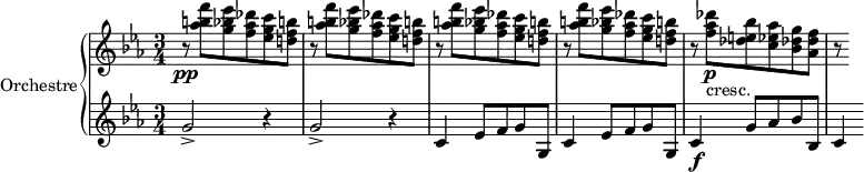 
\version "2.14.2"
\header {
  tagline = ##f
}
upper = \relative c'' {
  \clef treble 
  \key ees \major
  \time 3/4
  \tempo 4 = 110
  %\autoBeamOff
   \set Staff.midiInstrument = #"string ensemble 1"

   %%%%%%%%%%%%%%%%% AB-8-2 th1

  r8\pp \repeat unfold 4 { < f' b,! aes >8 < ees bes g > < des aes f > < c g ees > < b! f d! > r8 }
  < des aes f >8\p-"cresc." < bes e,! des > < aes ees c > < g des! bes > < f des aes > r8

}

lower = \relative c' {
  \clef bass
  \key ees \major
  \time 3/4
  \set Staff.midiInstrument = #"string ensemble 1"
    
   \clef treble \repeat unfold 2 { g'2-> r4 } \repeat unfold 2 { c,4 ees8 f g g, } c4\f g'8 aes bes bes, c4
   
} 

\score {
  \new PianoStaff <<
    \set PianoStaff.instrumentName = #"Orchestre"
    \new Staff = "upper" \upper
    \new Staff = "lower" \lower
  >>
  \layout {
    \context {
      \Score
      \remove "Metronome_mark_engraver"
    }
  }
  \midi { }
}
