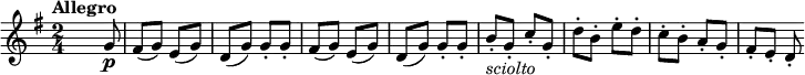 
\relative c'' {
  \version "2.18.2"
  \key g \major
  \numericTimeSignature
  \time 2/4
  \tempo "Allegro"
  \tempo 4 = 130
    s4. g8\p fis (g) e (g) d (g) g-. g-.
    fis (g) e (g) d (g) g-. g-.
    b-. _\markup { \italic "sciolto"}  g-. c-. g-. d'-. b-. e-. d-.
    c-. b-. a-. g-. fis-. e-. d-.
  }
