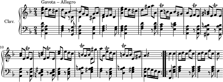 \version "2.18.2"
\header {
tagline = ##f
}
%% les petites notes
trillCq = { \tag #'print { c8\trill } \tag #'midi { d32 c d c } }
trillFq = { \tag #'print { f8\trill } \tag #'midi { g32 f g f } }
trillBq = { \tag #'print { b8\trill } \tag #'midi { c32 b c b } }
trillEqUp = { \tag #'print { e'8\trill } \tag #'midi { f32 e f e } }
upper = \relative c'' {
\clef treble
\key d \minor
\time 2/4
\tempo 4 = 86
\set Staff.midiInstrument = #"harpsichord"
s8*0^\markup{Gavota – Allegro}
< a d f >4 e'8 d16 cis | d8 a << { bes4~ | bes8 g16 f g8 a | f8 e16 f d4 } \\ { r8 d8 | d4 cis | d } >> |
% m. 5
< a' d f >4 e'8 d16 cis | d8 gis a a, | \trillCq b16 a b8 gis | a e \trillFq e8 | < gis b >8 e \trillFq e8 |
% m. 10
< a c >8 e \trillFq e8 | < b' d >8 e, \trillFq e8 | < c' e > e, e' d16 c | \trillBq a16 b e,8 gis' |
% m. 14
a8 a, \trillEqUp d16 c | \trillBq a16 b e,8 gis | a4 r4 |
% m. 17
c4 c | c8 d16 c | f8 c | c d16 c f8 c | c8
% m. 5
}
lower = \relative c' {
\clef bass
\key d \minor
\time 2/4
\set Staff.midiInstrument = #"harpsichord"
% **************************************
\repeat volta 1 {
< d, a' d >4 < a e' a > | < d f a > r8 < g, d' g >8 | < a d a' >4 < a e' g > | < d f a >4. < e g >8 |
% m. 5
< d f a >4 < a e' a > | < f' a d >4 r8 < f a d >8 | < e a c >4 < e b' d > | < a, e' a >4 r8 q8 | < gis e' a b >4 r8 q8 |
% m. 10
< a e' a >4 r8 q8 | < b d e gis >4 r8 q8 | < c e a >4 r8 q8 | < d a' b >4 < e gis a b > |
% m. 14
< f a >4 r8 < c e a >8 | < d a' b >4 < e gis b > | < a, e' a > a'16 g f e } \set Score.doubleRepeatType = #":..:"
% ms. 17
\repeat volta 1 {
< f, f' >4 < e' g c > | \repeat unfold 2 { < f a c > r8 < f a c >8 } | f4
}\bar ""
}
thePianoStaff = \new PianoStaff <<
\set PianoStaff.instrumentName = #"Clav."
\new Staff = "upper" \upper
\new Staff = "lower" \lower
>>
\score {
\keepWithTag #'print \thePianoStaff
\layout {
#(layout-set-staff-size 17)
\context {
\Score
\override SpacingSpanner.common-shortest-duration = #(ly:make-moment 1/2)
\remove "Metronome_mark_engraver"
}
}
}
\score {
\keepWithTag #'midi \thePianoStaff
\midi { }
}