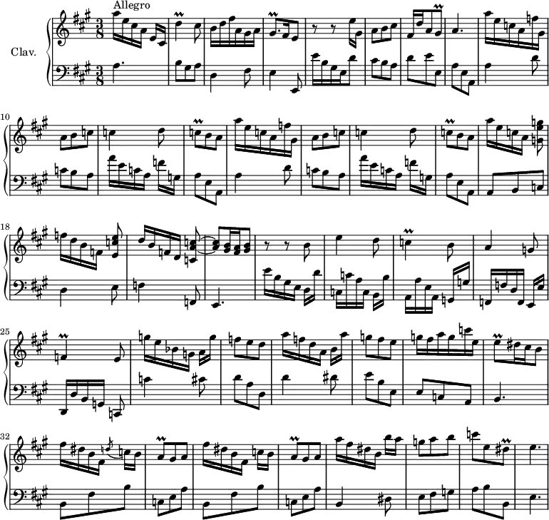 
\version "2.18.2"
\header {
  tagline = ##f
  % composer = "Domenico Scarlatti"
  % opus = "K. 344"
  % meter = "Allegro"
}

%% les petites notes
trillD        = { \tag #'print { d'4\prall } \tag #'midi { e32 d e d~ d8 } }
trillGisqp    = { \tag #'print { gis8.\prall } \tag #'midi { a32 gis a gis~ gis16 } }
trillGisq     = { \tag #'print { gis8\prall } \tag #'midi { a32 gis a gis } }
trillCq       = { \tag #'print { c8\prall } \tag #'midi { d32 c d c } }
trillC        = { \tag #'print { c4\prall } \tag #'midi { d32 c d c~ c8 } }
trillF        = { \tag #'print { f4\prall } \tag #'midi { g32 f g f~ f8 } }
trillEq       = { \tag #'print { e8\prall } \tag #'midi { fis32 e fis e } }
trillAq       = { \tag #'print { a8\prall } \tag #'midi { b32 a b a } }
trillDisq     = { \tag #'print { dis8\prall } \tag #'midi { e32 dis e dis } }

upper = \relative c'' {
  \clef treble 
  \key a \major
  \time 3/8
  \tempo 4. = 66
  \set Staff.midiInstrument = #"harpsichord"
  \override TupletBracket.bracket-visibility = ##f

      s8*0^\markup{Allegro}
      a'16 e cis a e[ cis] | \trillD cis8 | b16 d fis a, gis a | \trillGisqp fis16   \tempo 4. = 50 e8   \tempo 4. = 66 | r8 r8 e'16 gis, | a8 b cis |
      % ms. 7
      fis,16 d' a8 \trillGisq | a4. | \repeat unfold 2 { a'16 e c a f' gis, | a8 b c | c4 d8 | \trillCq b8 a } |
      % ms. 17
      a'16[ e c a] < g e' g >8 | f'16[ d b f] < e c' e >8 | 
      % ms. 19
      d'16[ b f d] < c a' c >8~ | < a' c > < gis b >16 < fis a >   \tempo 4. = 35 < gis b >8   \tempo 4. = 68 | r8 r8 b8 | e4 d8 | \trillC b8 |
      % ms. 24
      a4 g8 | \trillF e8 | g'16 e bes g a[ g'] | f8 e d | a'16 f d a b[ a'] | 
      % ms. 29
      g8 fis e | g16 fis a g c e, | \trillEq dis16 cis   \tempo 4. = 35 b8   \tempo 4. = 68 | fis'16[ dis b fis] \acciaccatura d'8 c16 b | \trillAq gis8 a | fis'16 dis b fis c'[ b] |
      % ms. 35
      \trillAq gis8 a | a'16 fis dis b b'[ a] | g8 a b | c e, \trillDisq | e4. | 

}

lower = \relative c' {
  \clef bass
  \key a \major
  \time 3/8
  \set Staff.midiInstrument = #"harpsichord"
  \override TupletBracket.bracket-visibility = ##f

    % ************************************** \appoggiatura a16  \repeat unfold 2 {  } \times 2/3 { }   \omit TupletNumber 
      a4. | b8 gis a | d,4 fis8 | e4 e,8 | e''16 b gis e d'8 | cis8 b a |
      % ms. 7
      d8 e e, | a e   \tempo 4. = 35 a,   \tempo 4. = 66 | \repeat unfold 2 {  a'4 d8 | c b a | a'16 e c a f'[ g,] | a8 e a, } | 
      % ms. 17
      a8 b c | d4 e8 |
      % ms. 19
      f4 f,8 | e4. | e''16 b gis e d[ d']  | c, c' a c, b[ b'] | a, a' e a, g[ g'] |
      % ms. 24
      f,16 f' d f, e[ e'] | d,[ d' b g] c,8 | c''4 cis8 | d a d, | d'4 dis8 |
      % ms. 29
      e8 b e, | e c a | b4. | \repeat unfold 2 { b8 fis' b | c, e a }
      % ms. 37
      b,4 dis8 | e fis g | a b b, | e4. |

}

thePianoStaff = \new PianoStaff <<
    \set PianoStaff.instrumentName = #"Clav."
    \new Staff = "upper" \upper
    \new Staff = "lower" \lower
  >>

\score {
  \keepWithTag #'print \thePianoStaff
  \layout {
      #(layout-set-staff-size 17)
    \context {
      \Score
     \override SpacingSpanner.common-shortest-duration = #(ly:make-moment 1/2)
      \remove "Metronome_mark_engraver"
    }
  }
}

\score {
  \keepWithTag #'midi \thePianoStaff
  \midi { }
}
