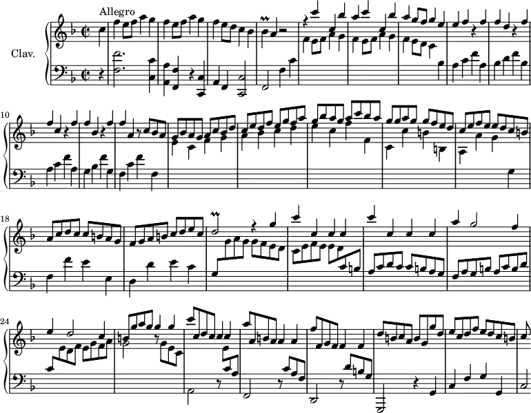 
\version "2.18.2"
\header {
  tagline = ##f
  % title = "Sonate en fa majeur"
  % composer = "Domenico Scarlatti"
  % opus = "K. 438"
  % meter = "Allegro"
}

%% les petites notes
trillDb     = { \tag #'print { d2\prall } \tag #'midi { e32 d e d~ d8~ d4 } }
trillBes    = { \tag #'print { bes4\prall } \tag #'midi { c32 bes c bes~ bes8 } }

upper = \relative c'' {
  \clef treble 
  \key f \major
  \time 2/2
  \tempo 2 = 92
  \set Staff.midiInstrument = #"harpsichord"
  \override TupletBracket.bracket-visibility = ##f

      \partial 4
      s8*0^\markup{Allegro}
      c4 | \repeat unfold 2 { f4 e8 f a4 g } | f e8 d c4 bes | \trillBes a4 r2 |
      % ms. 5
      \stemUp r4 c'4 c, bes' | a c c, bes' | a g8 f g4 e | e f r4 f f d r4 f |f c r4 f |
      % ms. 11
      f4 bes, r4 f' | f a, r8 c8 bes a | g bes a g a c bes d |c e d f e g  f a | g bes a g a c bes a |
      % ms. 16
      g8 g a g g f e d | c e f e e d c b | a c d c c b a g | f g a b c d e c | 
      % ms. 20
      \trillDb r4 g4 | \repeat unfold 2 { c4 c, c c } | a' g2 f4 |
      % ms. 24
      e4 d2 c4 | b8 g' a g g4 g | c8 c, d c c4 c | a'8 a, b a a4 a |
      % ms. 28
      f'8 f, g f f4 f | d'8 b c a b g g' d | e c d f e d c b | c

}

lower = \relative c' {
  \clef bass
  \key f \major
  \time 2/2
  \set Staff.midiInstrument = #"harpsichord"
  \override TupletBracket.bracket-visibility = ##f

    % ************************************** \appoggiatura \repeat unfold 2 {  } \times 2/3 { }
      r4 | < f, f' >2. < c c' >4 | < a a' > < f f' > r4 < c c' > | a' f < c c' >2 | f2 f'4 c' | \stemDown \change Staff = "upper"
      % ms. 3
      \repeat unfold 2 { f4 e8 f a4 g } | f4 e8 d c4 | \change Staff = "lower" bes a c f a, | bes d f bes, | a c f a, |
      % ms. 11
      g4 bes f' g, | f c' f f, | \stemDown \change Staff = "upper" e'4 c f g  a bes c d | e c f f, |
      % ms. 16
      c4 c' b b, | a a' g \change Staff = "lower" g, | f f' e e, | d d' e c | 
      % ms. 20
      \stemUp g8 \stemDown \change Staff = "upper" g' a g g f e d | c e f e e d  \stemUp \change Staff = "lower"  c b | a c d c c b a g | f a g b a c b d |
      % ms. 24
      c8 \stemDown \change Staff = "upper" e d f e g f a | g2 r8 g8 e c | \change Staff = "lower" a,2 r8  \stemDown \change Staff = "upper"  e''8  \stemUp \change Staff = "lower" c a | f,2 r8 c''8 a f |
      % ms. 28
      d,2 r8 d''8 b g | g,,2 r4 g'4 | c f g g, | c2*1/4

}

thePianoStaff = \new PianoStaff <<
    \set PianoStaff.instrumentName = #"Clav."
    \new Staff = "upper" \upper
    \new Staff = "lower" \lower
  >>

\score {
  \keepWithTag #'print \thePianoStaff
  \layout {
      #(layout-set-staff-size 17)
    \context {
      \Score
     \override SpacingSpanner.common-shortest-duration = #(ly:make-moment 1/2)
      \remove "Metronome_mark_engraver"
    }
  }
}

\score {
  \keepWithTag #'midi \thePianoStaff
  \midi { }
}
