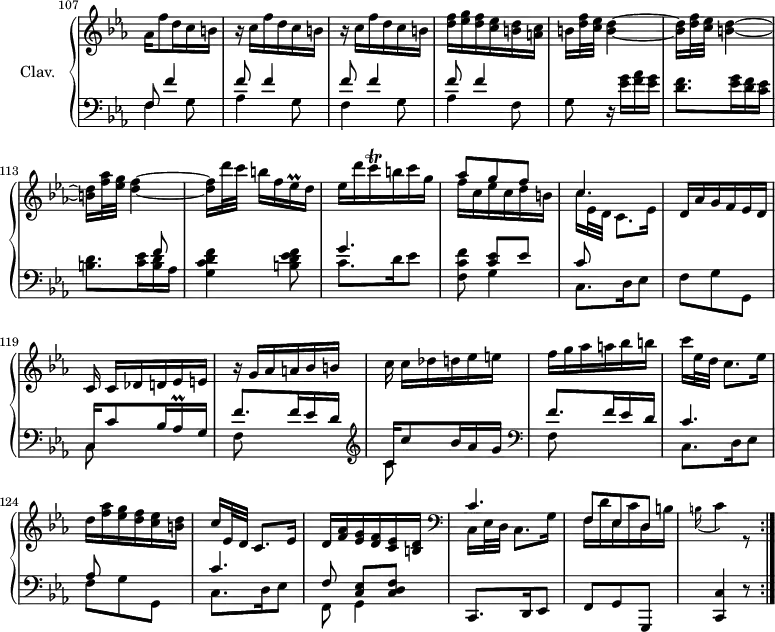 
\version "2.18.2"
\header {
  tagline = ##f
}

%% les petites notes
trillEesqq = { \tag #'print { ees16\prall } \tag #'midi { \times 2/3 { ees32 f ees } } }
trillCqq = { \tag #'print { c16\trill } \tag #'midi { \times 2/3 { c32 d c } } }
trillCappo = { \tag #'print { \appoggiatura b16 c4 } \tag #'midi { \tempo 4 = 30 b8 c8 } }
trillAesqq = { \tag #'print { aes16\prall } \tag #'midi { \times 2/3 { aes32 bes aes } } }

cMuet = { \tag #'print { c16[ } \tag #'midi { s16 } }

upper = \relative c'' {
  \clef treble 
  \key c \minor
  \time 3/8
  \tempo 4 = 56
  \set Staff.midiInstrument = #"harpsichord"
  \set Score.currentBarNumber = #107
  \omit Staff.TimeSignature
    \bar ""

     % ms. 107
     aes16 f'8 d16 c b | \repeat unfold 2 { r16 c16 f d c b } |
     % ms. 110
     < d f >16 < ees g > < d f > < c ees > < b d > < a c > | b < d f >32 < c ees > < b d >4~ | < b d >16 < d f >32 < c ees > < b d >4~ | < b d >16 < f' aes >32 < ees g > < d f >4~
     % ms. 114
     < d f >16 d'32 c b16[ f \trillEesqq d16] | ees d' \trillCqq b16 c g | \mergeDifferentlyDottedOn << { aes8 g f | c4. } \\ { f16 c ees c d b | c16 ees,32 d c8.[  ees16] } >> d16 aes' g f ees d |
     % ms. 119
     c16 \cMuet des d ees e] | r16 g aes a bes b | c16  \cMuet des d ees e] | f g aes a bes b | c16 ees,32 d c8.[ ees16] |
     % ms. 124
     d16 < f aes > < ees g > < d f > < c ees > < b d > | c16 ees,32 d c8.[ ees16] | d16 < f aes >16 < ees g > < d f > < c ees > < b d > |  \clef bass << { c4. | f,8 ees d } \\ { c16 ees32 d c8.[ g'16] | f16 d' ees, c' d, b' | \trillCappo r8 } >> \bar ":|."

}

lower = \relative c {
  \clef bass
  \key c \minor
  \time 3/8
  \set Staff.midiInstrument = #"harpsichord"
  \omit Staff.TimeSignature

    % **************************************
     << { f8 f'4 | f8 f4 | f8 f4 | f8 f4 } \\ { f,4 g8 | aes4 g8 | f4 g8 | aes4 f8 } >>
     % ms. 111
     g8 r16 < ees' g >16 < f aes > < ees g > | < d f >8. < ees g >16 < d f > < c ees > | << { s4 f8 } \\ { < b, d >8. < c ees >16 < b d > aes } >> |
     % ms. 114
     < g c d f >4 < b d f ees >8 | << { g'4. } \\ { c,8. d16 ees8 } >> < f, c' f >8 << { < c' ees >8 ees | c8 } \\ { g4 c,8. d16 ees8 | f g g, } >>
     % ms. 119
     \mergeDifferentlyDottedOn << { c16 c'8 bes16 \trillAesqq g16 | f'8. f16 ees d | c16 c'8 bes16 aes g | f8. f16ees d | c4. | aes8 s4 | c4. | f,8 < c ees >[ < c d f >]  } \\ { c8 s4 | f8 s4 |   \clef treble c'8 s4    \clef bass f,8 s4 | c8. d16 ees8 | f8 g g, | c8. d16 ees8 | f,8 g4 } >>
     % ms.127
     c,8. d16 ees8 | f g g, < c c' >4 r8


}

thePianoStaff = \new PianoStaff <<
    \set PianoStaff.instrumentName = #"Clav."
    \new Staff = "upper" \upper
    \new Staff = "lower" \lower
  >>

\score {
  \keepWithTag #'print \thePianoStaff
  \layout {
      #(layout-set-staff-size 17)
    \context {
      \Score
     \override SpacingSpanner.common-shortest-duration = #(ly:make-moment 1/2)
      \remove "Metronome_mark_engraver"
    }
  }
}

\score {
  \keepWithTag #'midi \thePianoStaff
  \midi { }
}
