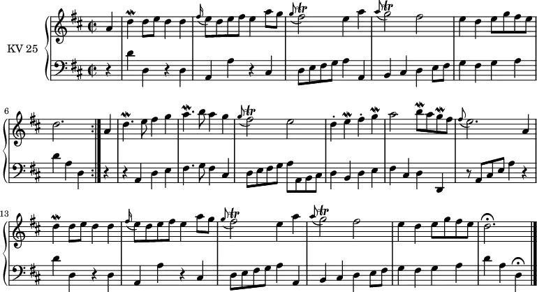 
\version "2.14.2"
\header {
  tagline = ##f
}
upper = \relative c'' {
   \clef treble 
  \key d \major
  \time 2/2
  \tempo 2 = 70
  \tempo "Allegro"
  \set Staff.midiInstrument = #"piano"

  \repeat volta 2 {
  
    \partial4  a4
    d\mordent d8 e d4 d
    \grace fis16 (e8) d e fis e4 a8 g
    \grace g8 (fis2)\trill  e4 a
    \grace a8 (g2)\trill  fis
    e4 d e8 g fis e
    d2.    
  }
  a4
  d4.\mordent e8 fis4 g
  a4.\mordent b8 a4 g
   \grace g8 ( fis2)\trill  e
   d4-. e\mordent fis-. g\mordent
   a2 b8\mordent a g\mordent fis
  \grace fis8 ( e2.) a,4
  d\mordent d8 e d4 d
  \grace fis16 (e8) d e fis e4 a8 g
  \grace g8 ( fis2)\trill  e4 a
  \grace a8 (g2)\trill  fis
  e4 d e8 g fis e
  d2. \fermata \bar "|."
}

lower = \relative c {
  \clef bass
  \key d\major
  \time 2/2
  \set Staff.midiInstrument = #"piano"
 \repeat volta 2 { 
    \partial4 r4
    d'4  d, r4 d
    a a' r4 cis,
    d8 e fis g a4 a,
    b cis d e8 fis
    g4 fis g a 
    d a d,
 } 
 r4 r4 a4 d e
 fis4. g8 fis4 cis
 d8 e fis g a a, b cis
 d4 b d e
 fis cis d d,
 r8 a'8 cis e a4 r4
 d4  d, r4 d
    a a' r4 cis,
    d8 e fis g a4 a,
    b cis d e8 fis
    g4 fis g a 
    d a d, \fermata
 }

\score {
  \new PianoStaff <<
    \set PianoStaff.instrumentName = #"KV 25"
    \new Staff = "upper" \upper
    \new Staff = "lower" \lower
  >>
  \layout {
    \context {
      \Score
      \remove "Metronome_mark_engraver"
    }
  }
  \midi { }
}
