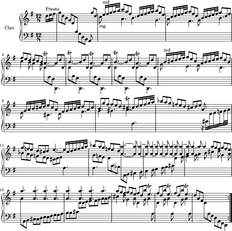 
\version "2.18.2"
\header {
  tagline = ##f
  % composer = "Domenico Scarlatti"
  % opus = "K. 14"
  % meter = "Presto"
}

%% les petites notes
trillAp      = { \tag #'print { a4.\trill~ } \tag #'midi { b32 a b a~ a4~ } }
trillApUp    = { \tag #'print { a'4.\trill~ } \tag #'midi { b32 a b a~ a4~ } }
trillBpUp    = { \tag #'print { b'4.\trill~ } \tag #'midi { c32 b c b~ b4~ } }
trillCisp    = { \tag #'print { cis4.\trill~ } \tag #'midi { d32 cis d cis~ cis4~ } }
trillEpDown  = { \tag #'print { e,4.\trill } \tag #'midi { fis32 e fis e~ e4 } }

upper = \relative c'' {
  \clef treble 
  \key g \major
  \time 12/8
  \tempo 4. = 92
  \set Staff.midiInstrument = #"harpsichord"
  \override TupletBracket.bracket-visibility = ##f
  \omit TupletNumber

  \repeat volta 2 {
      \partial 8
      s8*0^\markup{Presto}
      \times 2/3 { d16 e fis } | g8 d b g d  \stemUp \change Staff = "lower" b \change Staff = "upper" s4. s8 g''8 d | s8 e16^\markup{md} fis g a32 b c8 a fis s8 d16 e fis g32 a b8 g e |
      % ms. 3
      s8 c16 d e fis32 g a8 fis d s8 b16 c d e32 fis g8 d fis | fis8 e d d c b \trillAp a8 d d, | \repeat unfold 2 { \trillBpUp b8 d d, \trillApUp a8 d d, } | 
      % ms. 7
      s8 b'16^\markup{md} cis d e32 fis g8 e cis  s8 a16 b cis d32 e fis8 d b | s8 g16 a b cis32 d e8 cis a s8 fis16 g a b32 cis d8 a cis
      % ms. 9
      b8 g' fis~ fis e d \trillCisp cis8 d16 e fis g32 a | bes8 a g f e d cis d e a, s4 | g'8 f e d cis d e4.~ e16 cis d e f g32 a |
      % ms. 12
      << { bes8 a g f e d } \\ { g,8 f e } >> \mergeDifferentlyDottedOn < a a' >4.~ q8 \repeat unfold 5 { q4~ q8 } | < a a' >4~ a'8 a4 a8 g fis g fis e | a4.  \repeat unfold 6 { < a, a' >4. } a'4.a8 g fis g fis e  \repeat unfold 3 { fis d b' \trillEpDown } | d8 a fis s4.*2 s4 }%reprise

}

lower = \relative c' {
  \clef bass
  \key g \major
  \time 12/8
  \set Staff.midiInstrument = #"harpsichord"
  \override TupletBracket.bracket-visibility = ##f
  \omit TupletNumber

  \repeat volta 2 {
    % ************************************** \appoggiatura a8  \repeat unfold 2 {  } \times 2/3 { }   \omit TupletNumber 
      s8 s2. g8 d b g s4 | \stemDown \change Staff = "upper" c''8-\markup{mg} s4 a4. b4. g |
      % ms. 3
      a8 s4 fis4. g8 s4 b4. | c4 b8 a4 g8 d \change Staff = "lower" a fis d,4. | \repeat unfold 2 { \stemDown \change Staff = "upper" d''8 \change Staff = "lower" b g d,4. | \stemDown \change Staff = "upper" d''8 \change Staff = "lower" a fis d,4. }
      % ms. 7
      \stemDown \change Staff = "upper" g''8 s4 e4. fis8 s4 d4. | e8 s4 cis4. d8 s4 fis4. |
      % ms. 9
      g4. gis a \change Staff = "lower" a, | s4.*3 r16 cis16  \stemDown \change Staff = "upper" d e f g32 a | bes8 a g f e d cis d e \change Staff = "lower" a,4. | 
      % ms. 12
      a4.  \stemDown \change Staff = "upper" d8 \change Staff = "lower" c bes \stemDown \change Staff = "upper"  a'8  \change Staff = "lower" a,, b cis4 d8 | e4 fis8 g4 a8 b4 cis8  \stemDown \change Staff = "upper"  d4 e8 | fis4 g8 a4 b8 cis4 d8 g,4 a8 | a \change Staff = "lower" a,, b cis cis d e e fis g g a b b cis \stemDown \change Staff = "upper"  d d e fis fis g a a b | cis4 d8 g,4 a8 d,4 g8 a4 \repeat unfold 2 { \change Staff = "lower"  a,8   \stemDown \change Staff = "upper"  d4 g8 a4 } \change Staff = "lower" a,8 | \stemDown \change Staff = "upper"
      % ms. 16
      s4. d8 \change Staff = "lower" a fis d a fis d4 }%reprise

}

thePianoStaff = \new PianoStaff <<
    \set PianoStaff.instrumentName = #"Clav."
    \new Staff = "upper" \upper
    \new Staff = "lower" \lower
  >>

\score {
  \keepWithTag #'print \thePianoStaff
  \layout {
      #(layout-set-staff-size 17)
    \context {
      \Score
     \override SpacingSpanner.common-shortest-duration = #(ly:make-moment 1/2)
      \remove "Metronome_mark_engraver"
    }
  }
}

\score {
  \unfoldRepeats 
  \keepWithTag #'midi \thePianoStaff
  \midi { }
}
