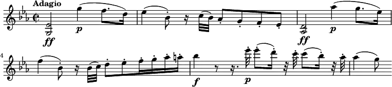 \version "2.18.2"
\relative c'' {
\key ees \major
\time 2/2
\tempo "Adagio"
\tempo 4 = 50
<g, ees'>2\ff g''4\p (f8. d16)
ees 4 (bes8-.) r16 c32 (bes) aes8-. g-. f-. ees-.
<aes, d>2\ff aes''4\p (g8. ees16)
f 4 (bes,8-.) r16 bes32 (c) d8-. ees-. f16-. g-. aes-. a-.
bes4\f r8 r16. ees32-.\p ees8-. (d16-.) r32 c32-. c8 (bes16-.) r32 aes32-.
aes4 (g8)
}