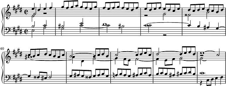 
\version "2.18.2"
\header {
  tagline = ##f
}
upper = \relative c'' {
  \clef treble 
  \key cis \minor
  \time 2/2
  \tempo 2 = 63
  \set Score.currentBarNumber = #35

    << { e4 dis e fis gis8 fis gis a gis fis e gis fis e fis gis fis e dis fis } \\ { e,2 } \\ { gis2 g2\rest } >>
    << { e'8 dis e fis e dis cis e dis cis dis e dis cis b dis cis b cis dis cis b ais cis } \\ { r2 gis2 fisis b ais1~ } >>
    << { b2~ b8 cis dis b cis2~ cis8 dis e cis dis2~ dis8 e fis dis e1*1/2~ \hideNotes e4 } \\ { ais,4 dis, gis2~ gis4 fis8 e fis2~ fis4 e8 fis gis2~ gis2*1/3~ \hideNotes gis1*1/4 } \\ { s1*3 b2\rest cis2 }  >>
    

}

lower = \relative c' {
  \clef bass
  \key cis \minor
  \time 2/2

    << { b2 cis bis2 e dis1 cis~ cis4 b ais gis~ gis fisis8 eis fisis2 } \\ { e2 a gis cis~ cis bis cis r2 } >>
    << { gis8 ais gis fisis gis ais b gis | a! b a gis  ais b cis ais | b cis b ais  bis cis dis bis } \\ {} >>
    << { cis1 } \\ { r4 cis,8 dis e4 fis } >>

}

\score {
  \new PianoStaff <<
    \new Staff = "upper" \upper
    \new Staff = "lower" \lower
  >>
  \layout {
    indent = #0
    \context {
      \Score
      \remove "Metronome_mark_engraver"
      \override SpacingSpanner.common-shortest-duration = #(ly:make-moment 1/2)
        }
  }
  \midi { }
}
