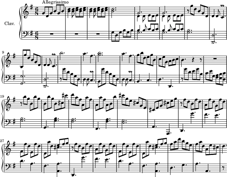 
\version "2.18.2"
\header {
  tagline = ##f
  % composer = "Domenico Scarlatti"
  % opus = "K. 477"
  % meter = "Allegrissimo"
}

%% les petites notes
trillCp       = { \tag #'print { c4.\prall } \tag #'midi { d16 c d c~ c8 } }

upper = \relative c'' {
  \clef treble 
  \key g \major
  \time 6/8
  \tempo 4. = 108
  \set Staff.midiInstrument = #"harpsichord"
  \override TupletBracket.bracket-visibility = ##f

      s8*0^\markup{Allegrissimo}
      g8 d g b g b | \repeat unfold 2 { < b d >4 q8 < c e > < b d > < c e > } | < b d >2.
      % ms. 5
      \repeat unfold 2 { << { g2. } \\ { d4 d8 e d e } >> } | r8 g'8 d b g d | d4 d8 \trillCp | b8 g'' d b g d |
      % ms. 10
      d4 d8 \trillCp | b''2. | a4. fis | < g b >2. | a4. fis |
      % ms. 15
      g8 b d, e g b, | c e g, a b c | b4. r4 r8 | R2. | r8 b'8 g \repeat unfold 2 { b, b' g } |
      % ms. 20 suite
      b, cis cis' | d a fis \repeat unfold 2 { a, a' fis } a, b b' | cis g e cis g e | cis e g cis e g |
      % ms. 25
      \repeat unfold 2 { r8 fis d b fis' d | a fis' d g, fis' d | fis, fis' d e, fis' d | d, a'' d, << { e8 fis g } \\ { cis,4. } >> } | 
      % ms. 33
      fis8 a d b g e | fis a d, a e' cis | d4.*1/2

}

lower = \relative c' {
  \clef bass
  \key g \major
  \time 6/8
  \set Staff.midiInstrument = #"harpsichord"
  \override TupletBracket.bracket-visibility = ##f

    % ************************************** \appoggiatura a16  \repeat unfold 2 {  } \times 2/3 { }   \omit TupletNumber 
      R2.*3 | g8 d g b g b |
      % ms. 5
      \repeat unfold 2 { << { b4 b8 c b c } \\ { g2. } >> } | < g b >2. | < d, d' > | < g g' >
      % ms. 10
      < d d' > | r8 g''8 d b g d | d4 d8 \trillCp | b8 g'' d b g d | d4 d8 \trillCp | 
      % ms. 15
      b4. c | d d, | r8 g'' d e g b, | c e g, < fis a >8 < e b' > < d c' > | < g b >2. 
      % ms. 20
      g,4. < g' b > | < fis a >2. | fis,4. < fis' a > | < e g >2. | a,4. a, 
      % ms. 25
      \repeat unfold 2 { d4. g'' | fis e | d a | fis < a, a' > }
      % ms. 33
      d4. g a a, | r8 s16

}

thePianoStaff = \new PianoStaff <<
    \set PianoStaff.instrumentName = #"Clav."
    \new Staff = "upper" \upper
    \new Staff = "lower" \lower
  >>

\score {
  \keepWithTag #'print \thePianoStaff
  \layout {
      #(layout-set-staff-size 17)
    \context {
      \Score
     \override SpacingSpanner.common-shortest-duration = #(ly:make-moment 1/2)
      \remove "Metronome_mark_engraver"
    }
  }
}

\score {
  \keepWithTag #'midi \thePianoStaff
  \midi { }
}
