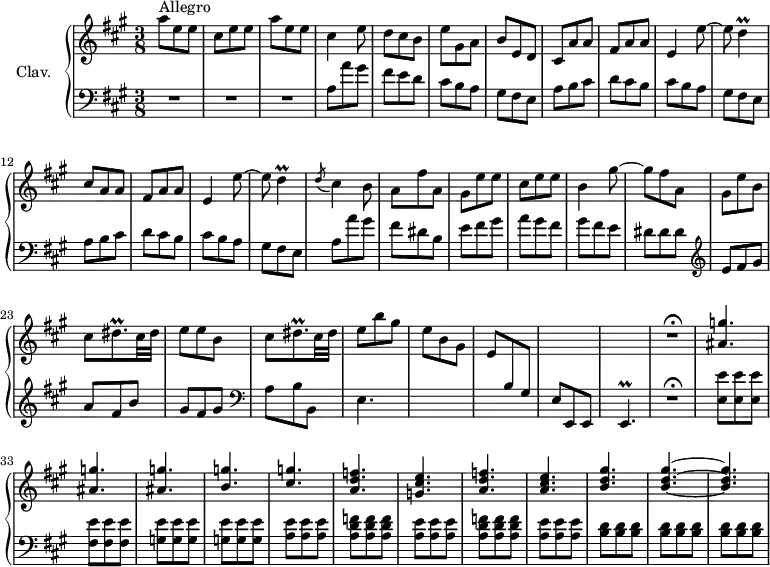 
\version "2.18.2"
\header {
  tagline = ##f
  % composer = "Domenico Scarlatti"
  % opus = "K. 280"
  % meter = "Allegro"
}

%% les petites notes
trillD         = { \tag #'print { d4\prall } \tag #'midi { e32 d e d~ d8 } }
trillDisqp     = { \tag #'print { dis8.\prall } \tag #'midi { e32 dis e dis~ dis16 } }
trillEp        = { \tag #'print { e4.\prall } \tag #'midi { fis32 e fis e~ e4 } }


upper = \relative c'' {
  \clef treble 
  \key a \major
  \time 3/8
  \tempo 4. = 88
  \set Staff.midiInstrument = #"harpsichord"
  \override TupletBracket.bracket-visibility = ##f

      s8*0^\markup{Allegro}
      a'8 e e  | cis e e | a e e | cis4 e8 | d cis b | e gis, a | b e, d |
      % ms. 8
      cis8 a' a | fis a a | e4 e'8~ | e \trillD  | cis8 a a | fis a a | e4 e'8~ |
      % ms. 15
      e8 \trillD | \acciaccatura d8 cis4 b8 | a fis' a, | gis e' e | cis e e | b4 gis'8~ | gis fis a, |
      % ms. 22
      gis8 e' b | cis \trillDisqp cis32 dis | e8 e b | cis \trillDisqp cis32 dis | e8 b' gis | e b gis | e \stemUp \change Staff = "lower"  b gis |
      % ms. 29
       s4. | s4. \change Staff = "upper" | R4.\fermata | < ais' g' >4. q q < b g' >4. < cis g' >
      % ms. 37
      < a d f >4. < g cis e > < a d f > < a cis e > < b d gis > < b d gis >4.~ q

}

lower = \relative c' {
  \clef bass
  \key a \major
  \time 3/8
  \set Staff.midiInstrument = #"harpsichord"
  \override TupletBracket.bracket-visibility = ##f

    % ************************************** \appoggiatura a16  \repeat unfold 2 {  } \times 2/3 { }   \omit TupletNumber 
      R4.*3 | a8 a' gis fis e d | cis b a | gis fis e | 
      % ms. 8
      \repeat unfold 2 { a8 b cis | d cis b | cis b a | gis fis e } | 
      % ms. 16
      a a' gis | fis dis b | e fis gis | a gis fis | gis fis e | dis dis dis |
      % ms. 22
        \clef treble  e8 fis gis | a fis b | gis fis gis |   \clef bass a,8  b b, | e4. s4. s4. |
      % ms. 29
      e8 e, e | \trillEp | R4.\fermata | < e' e' >8 q q | < fis e' > q q | < g e' > q q | q q q | < a e' > q q |
      % ms. 37
      \repeat unfold 2 { < a d f >8 q q | < a e' > q q } | < b d > q q | q q q | q q q |

}

thePianoStaff = \new PianoStaff <<
    \set PianoStaff.instrumentName = #"Clav."
    \new Staff = "upper" \upper
    \new Staff = "lower" \lower
  >>

\score {
  \keepWithTag #'print \thePianoStaff
  \layout {
      #(layout-set-staff-size 17)
    \context {
      \Score
     \override SpacingSpanner.common-shortest-duration = #(ly:make-moment 1/2)
      \remove "Metronome_mark_engraver"
    }
  }
}

\score {
  \keepWithTag #'midi \thePianoStaff
  \midi { }
}
