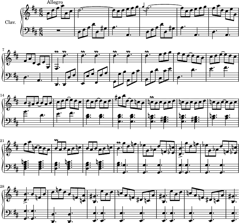 
\version "2.18.2"
\header {
  tagline = ##f
  % composer = "Domenico Scarlatti"
  % opus = "K. 401"
  % meter = "Allegro"
}

%% les petites notes
trillDp       = { \tag #'print { d''4.\prall } \tag #'midi { e32 d e d~ d4 } }
trillFisp     = { \tag #'print { fis4.\prall } \tag #'midi { g32 fis g fis~ fis4 } }
trillCq       = { \tag #'print { c8\prall } \tag #'midi { d32 c d c } }
trillBq       = { \tag #'print { b8\prall } \tag #'midi { c32 b c b } }
trillBp       = { \tag #'print { b4.\prall } \tag #'midi { c32 b c b~ b4 } }

upper = \relative c'' {
  \clef treble 
  \key d \major
  \time 6/8
  \tempo 4. = 92
  \set Staff.midiInstrument = #"harpsichord"
  \override TupletBracket.bracket-visibility = ##f

      s8*0^\markup{Allegro}
      a8 d fis a a, cis | d2.~ | d8 cis d e fis g | \appoggiatura g4 fis2.~ | fis8 cis d e fis g |
      % ms. 6
      fis8 a d, cis e g, | fis a d, cis e g, | \trillFisp \repeat unfold 6 { \trillDp }
      % ms. 11 suite
      e8 fis g | fis e d~ d cis b | cis d e~ e d cis | b ais b~ b ais b | cis d e~ e d cis |
      % ms. 16
      d8 cis d~ d cis d gis b d,~ d c b | \trillCq \repeat unfold 2 { b c b c d c } b c~ c b c |
      % ms. 21
      fis8 a c,~ c b a | \trillBq a8 b a b c | b a b a b c | \trillBp \repeat unfold 2 { g'8 d f | ees  g, aes d f, < ees c' >8 |
      % ms. 26
      < d b' >4.-> } | b'8 f b | d f d b f < c a' > | < b gis' >4. \repeat unfold 2 { e'8 b d | c a f dis c a' < b, gis' >4. }

}

lower = \relative c' {
  \clef bass
  \key d \major
  \time 6/8
  \set Staff.midiInstrument = #"harpsichord"
  \override TupletBracket.bracket-visibility = ##f

    % ************************************** \appoggiatura \repeat unfold 2 {  } \times 2/3 { }
      R2. | \repeat unfold 2 { d,8 fis a d d, gis | a4. a, } | 
      % ms. 6
      \repeat unfold 2 { d4. a } d,4. d8 d' fis | e, e' g fis, fis' a | g, g' b | a, a' cis |
      % ms. 11
      b,8 b' d cis, cis' e | d,4. d' | e fis | g d | e fis | 
      % ms. 16
      < b, d >4. q | < e, b' d >4. q | \repeat unfold 2 { < e a c > < e gis b > } | < a c >4. q |
      % ms. 21
      < d, fis a c >4. q | \repeat unfold 2 { < d g b > < d fis a c > } | < g b > \repeat unfold 9 { < g, g' > }
      % ms. 29
      < d d' >4. q \repeat unfold 9 { < e e' >4. }

}

thePianoStaff = \new PianoStaff <<
    \set PianoStaff.instrumentName = #"Clav."
    \new Staff = "upper" \upper
    \new Staff = "lower" \lower
  >>

\score {
  \keepWithTag #'print \thePianoStaff
  \layout {
      #(layout-set-staff-size 17)
    \context {
      \Score
     \override SpacingSpanner.common-shortest-duration = #(ly:make-moment 1/2)
      \remove "Metronome_mark_engraver"
    }
  }
}

\score {
  \keepWithTag #'midi \thePianoStaff
  \midi { }
}
