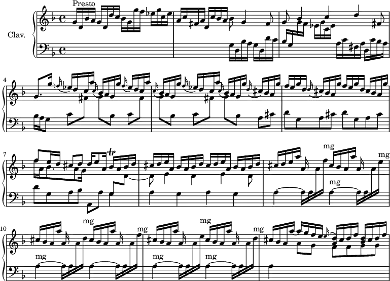 
\version "2.18.2"
\header {
  tagline = ##f
}

%% les petites notes
trillBes     = { \tag #'print { bes\trill } \tag #'midi { c32 bes c bes } }


upper = \relative c'' {
  \clef treble 
  \key f \major
  \time 4/4
  \tempo 4 = 90
  \set Staff.midiInstrument = #"harpsichord"

    g16^\markup{Presto} d bes' a  g d d' c  bes g g' f  ees g c, ees | a, c fis, a  d, c' bes a bes8 g4 fis8 |
    % ms. 3
    \stemUp g8 bes4 c d fis,8 | g8. g'16 \appoggiatura f!16 ees16 d c a'  \appoggiatura c,16 bes16 a g g' \appoggiatura f16 ees d c a' |
    % ms. 5
    \appoggiatura c,16 bes16 a g g' | \appoggiatura f16 ees16 d c a' | \appoggiatura c,16 bes16 a g g' | \repeat unfold 2 { \appoggiatura d16 cis16 bes a g' | f e16 g d } cis16 bes a g' |
    % ms. 7
    << { f8 e16 d cis8 d d16 e8 a,16 bes\trill a bes d | \repeat unfold 2 { cis16 d e a, bes a bes d } } \\ { f16 a, bes8. a8 g16 s4  \stemUp \change Staff = "lower" g,8 \stemDown \change Staff = "upper" d'8~ d e4 d e d8 } >> 
    % ms. 9
    cis'16 d e a a, s8. \repeat unfold 5 { cis16 bes a a' a, s8. } cis16 bes a a'~ a g f e  << { \stemUp \appoggiatura e16 \stemUp d16 cis d f  d cis d f } \\ { \stemUp a,4 bes } >> % RESTE À FAIRE : décaler les notes

}

lower = \relative c' {
  \clef bass
  \key f \major
  \time 4/4
  \set Staff.midiInstrument = #"harpsichord"

    % *****************************
    s1 s2 g16 d bes' a  g d d' c  bes g \stemDown \change Staff = "upper" g' f  ees g c, ees | \change Staff = "lower" a, c fis, a d, c' bes a | bes a g8 \repeat unfold 3 { c8 \stemDown \change Staff = "upper" fis g[ \change Staff = "lower" bes,8] \change Staff = "lower" } a8 cis | \repeat unfold 2 { d8 g, a cis } | d8 g, a bes a, a' g4 | a4 g a g | 
    % ms. 11
   \repeat unfold 2 {a4~ a16 a \change Staff = "upper" a' f'^\markup{mg} \change Staff = "lower" a,,4~^\markup{mg} a16 a \change Staff = "upper" a' e'^\markup{mg} \change Staff = "lower" a,,4~^\markup{mg} a16 a \change Staff = "upper" a' d^\markup{mg} \change Staff = "lower" } a,4 \change Staff = "upper" a'8 g f f g g |

} 

thePianoStaff = \new PianoStaff <<
    \set PianoStaff.instrumentName = #"Clav."
    \new Staff = "upper" \upper
    \new Staff = "lower" \lower
  >>

\score {
  \keepWithTag #'print \thePianoStaff
  \layout {
      #(layout-set-staff-size 17)
    \context {
      \Score
     \override SpacingSpanner.common-shortest-duration = #(ly:make-moment 1/2)
      \remove "Metronome_mark_engraver"
    }
  }
}

\score {
  \keepWithTag #'midi \thePianoStaff
  \midi { }
}
