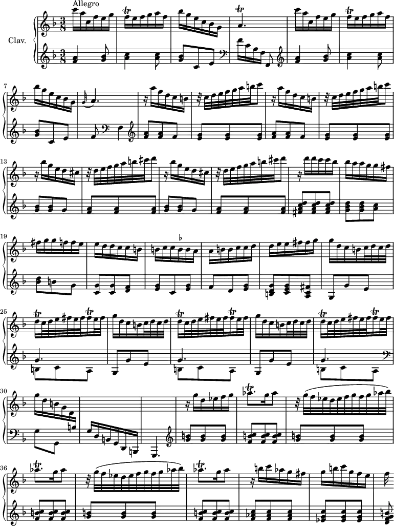 
\version "2.18.2"
\header {
  tagline = ##f
  % composer = "Domenico Scarlatti"
  % opus = "K. 107"
  % meter = "Allegro"
}

%% les petites notes
trillAesqp     = { \tag #'print { aes8.\trill } \tag #'midi { bes32 aes bes aes~ aes16 } }
trillDqq       = { \tag #'print { d16\trill } \tag #'midi { \times 2/3 { d32 e d } } }
trillFisqq     = { \tag #'print { fis16\trill } \tag #'midi { \times 2/3 { fis32 g fis } } }
trillFqq       = { \tag #'print { f16\trill } \tag #'midi { \times 2/3 { f32 g f } } }
trillAp        = { \tag #'print { a4.\trill } \tag #'midi { bes32 a bes a~ a4 } }
ficta          = { \once \set suggestAccidentals = ##t }

upper = \relative c'' {
  \clef treble 
  \key f \major
  \time 3/8
  \tempo 4. = 62
  \set Staff.midiInstrument = #"harpsichord"
  \override TupletBracket.bracket-visibility = ##f

      s8*0^\markup{Allegro}
      c'16 a c, f e g | \trillFqq e16 f g a f | bes g e c bes g | \trillAp | c'16 a c, f e g |
      % ms. 6
      \trillFqq e16 f g a f | bes g e c bes g | \appoggiatura g32 a4. | \repeat unfold 2 { r16 a' f d c b | r32 c32 d e f g a b c8 } |
      % ms. 13
      \repeat unfold 2 { r16 bes16 g e d cis | r32 d e f g a b cis d8 }
      % ms. 17
      r16 d16 d c c bes | bes a a g g fis | fis g g f f e | e d d c c b | b c c \ficta bes bes a | a b b c c d |
      % ms. 23
      d16 e e fis fis g | \repeat unfold 3 { g d c b c32 d c d | \trillDqq c32 d e fis e fis \trillFisqq e32 fis } |
      % ms. 30
      g16 d b g d \stemUp \change Staff = "lower" b | s4. s4.  \stemNeutral \change Staff = "upper" 
      % ms. 33
      r16 g''16 d ees f g | \trillAesqp g16 aes8 | \repeat unfold 2 { r32 g32( f ees d ees f g f g aes bes) | \trillAesqp g16 aes8 } |
      % ms. 39
      r16 b16 c aes g fis | g b c g f e | f

}

lower = \relative c' {
  \clef bass
  \key f \major
  \time 3/8
  \set Staff.midiInstrument = #"harpsichord"
  \override TupletBracket.bracket-visibility = ##f

    % ************************************** \appoggiatura a16  \repeat unfold 2 {  } \times 2/3 { }   \omit TupletNumber 
        \clef treble  < f a >4 < g bes >8 | < a c >4 q8 | < g bes >8 c, e |   \clef bass f16[ c a f]   \tempo 4. = 30 f,8 |   \tempo 4. = 62 \clef treble  < f'' a >4 < g bes >8 |
      % ms. 6
      < a c >4 q8 | < g bes >8 c, e | f8 \clef bass   \tempo 4. = 50 f,4 |   \tempo 4. = 62 \clef treble \repeat unfold 2 { < f' a >8 q f | < e g >8 q q } |
      % ms. 13
      \repeat unfold 2 { < g bes >8 q g | < f a > q q } |
      % ms. 17
      < fis a c d >8-\tweak stencil ##f \p q q | < g bes d >8 q < a c >-\tweak stencil ##f \f | < bes d > b g | < c, g' > q < d f > | < e g > c < e g > | f d < e g > | 
      % ms. 23
      < b d g >8 < c e g > < a c fis > | \repeat unfold 3 { g g' e | << { g4. } \\ { b,8 c a } >> } \clef bass  \stemDown
      % ms. 30
      g8 g, s8 | \stemNeutral g'16 d b g d b |   \tempo 4. = 50 g4. \clef treble   \tempo 4. = 62
      % ms. 33
      \repeat unfold 3 { < g''' b >8 q q | < f b c >8 q q } | 
      % ms. 38
      < f aes c >8 q q | < ees g c >8 q q | < d f g b >8*1/2

}

thePianoStaff = \new PianoStaff <<
    \set PianoStaff.instrumentName = #"Clav."
    \new Staff = "upper" \upper
    \new Staff = "lower" \lower
  >>

\score {
  \keepWithTag #'print \thePianoStaff
  \layout {
      #(layout-set-staff-size 17)
    \context {
      \Score
     \override SpacingSpanner.common-shortest-duration = #(ly:make-moment 1/2)
      \remove "Metronome_mark_engraver"
    }
  }
}

\score {
  \keepWithTag #'midi \thePianoStaff
  \midi { }
}
