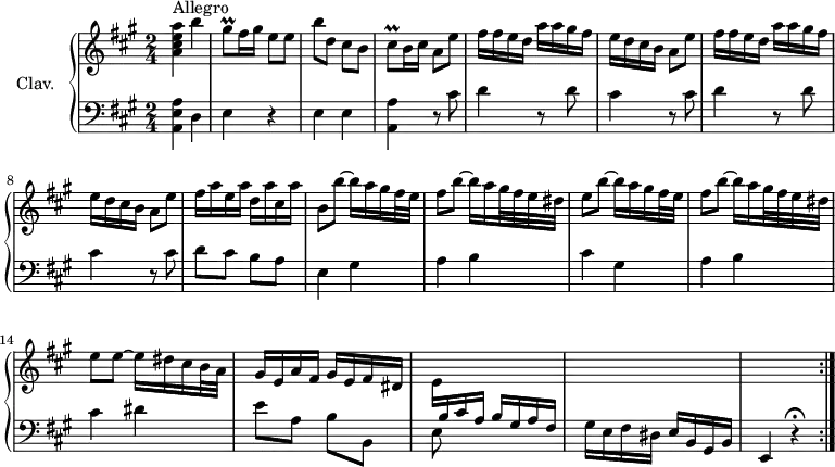 
\version "2.18.2"
\header {
  tagline = ##f
  % composer = "Domenico Scarlatti"
  % opus = "K. 74"
  % meter = "Allegro"
}

%% les petites notes
trillCisq      = { \tag #'print { cis8\prall } \tag #'midi { d32 cis d cis } }
trillGisq      = { \tag #'print { gis8\prall } \tag #'midi { a32 gis a gis } }

upper = \relative c'' {
  \clef treble 
  \key a \major
  \time 2/4
  \tempo 4 = 92
  \set Staff.midiInstrument = #"harpsichord"
  \override TupletBracket.bracket-visibility = ##f

  \repeat volta 2 {
      s8*0^\markup{Allegro}
      < a cis e a >4 b' | \trillGisq fis16 gis e8 e | b' d, cis b | \trillCisq b16 cis a8 e' | \repeat unfold 2 { fis16 fis e d a' a gis fis |
      % ms. 6
      e16 d cis b a8 e' } | fis16 a e a d, a' cis, a' |
      % ms. 10
      b,8 b'~ b16 a gis fis32 e | fis8 b~ b16 a gis32 fis e dis | e8 b'~ b16 a gis fis32 e | fis8 b~ b16 a gis32 fis e dis
      % ms. 14
      e8 e~ e16 dis cis b32 a | gis16 e a fis gis e fis dis | \stemDown e \stemUp  \change Staff = "lower"  b cis a b gis a fis | s2 | s2 }%repet
      % ms. 19
      

}

lower = \relative c' {
  \clef bass
  \key a \major
  \time 2/4
  \set Staff.midiInstrument = #"harpsichord"
  \override TupletBracket.bracket-visibility = ##f

  \repeat volta 2 {
    % ************************************** \appoggiatura a16  \repeat unfold 2 {  } \times 2/3 { }   \omit TupletNumber 
      < a, e' a >4 d | e r4 | e4 e  | < a, a' > r8 cis'8 | \repeat unfold 2 { d4 r8 d8 |
      % ms. 6
      cis4 r8 cis8 } | d8 cis b a |
      % ms. 10
      e4 \repeat unfold 2 { gis4 | a b |
      % ms. 14
      cis4 } dis4 | e8 a, b b, | e8 s8 s4 | gis16 e fis dis e b gis b | e,4 r4\fermata }%repet
      % ms. 19
      

}

thePianoStaff = \new PianoStaff <<
    \set PianoStaff.instrumentName = #"Clav."
    \new Staff = "upper" \upper
    \new Staff = "lower" \lower
  >>

\score {
  \keepWithTag #'print \thePianoStaff
  \layout {
      #(layout-set-staff-size 17)
    \context {
      \Score
     \override SpacingSpanner.common-shortest-duration = #(ly:make-moment 1/2)
      \remove "Metronome_mark_engraver"
    }
  }
}

\score {
  \unfoldRepeats 
  \keepWithTag #'midi \thePianoStaff
  \midi { }
}
